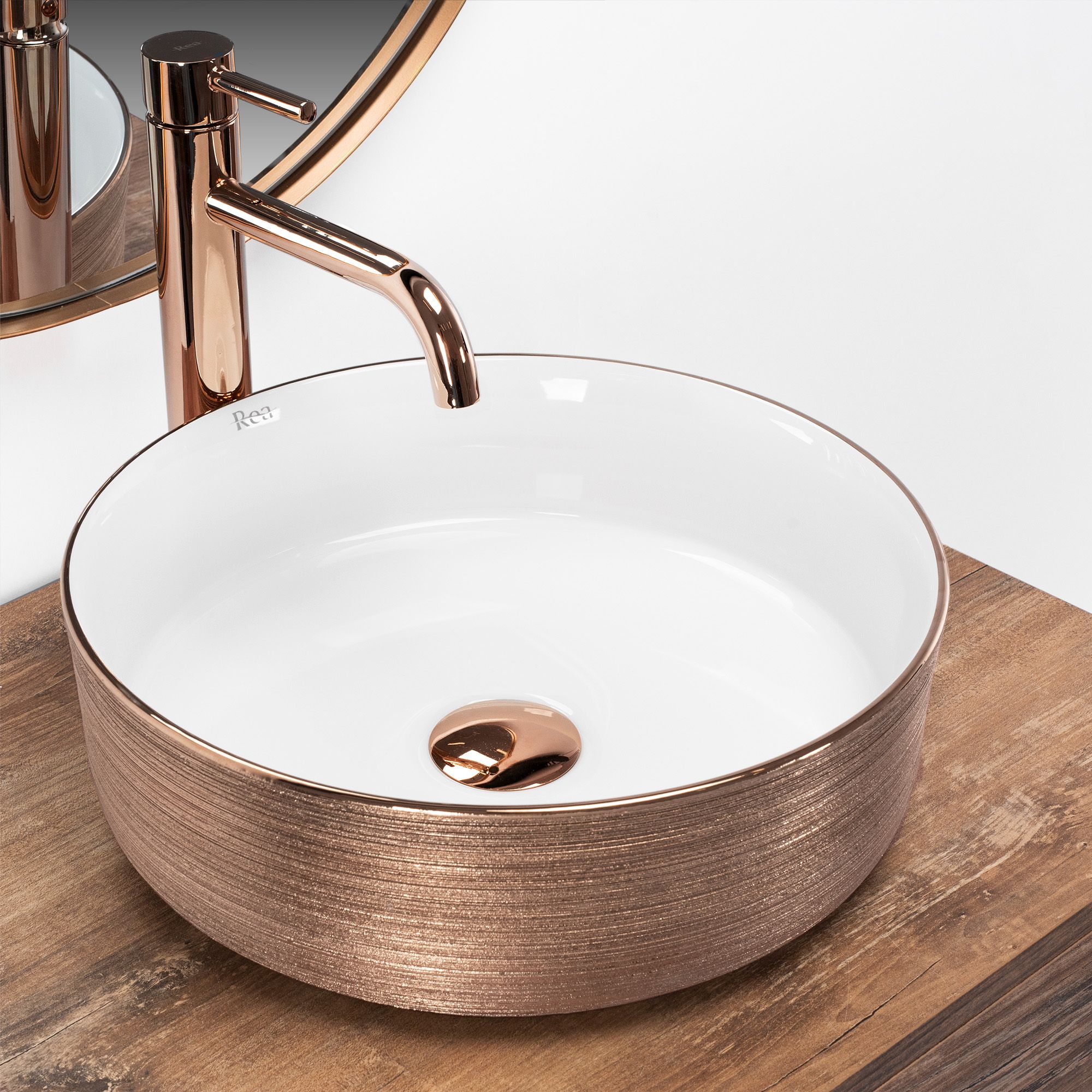 Keramické umyvadlo na desku REA SAMI BRUSH ROSE GOLD ø 36 cm bílo/růžové zlato - Obrázek 2