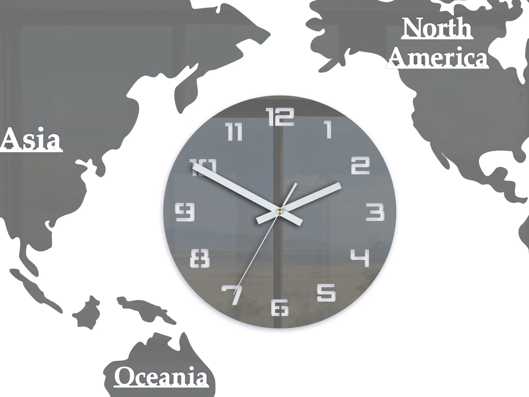 ModernClock Nástěnné samolepící hodiny Mapa světa 110x55 cm šedé - Obrázek 2