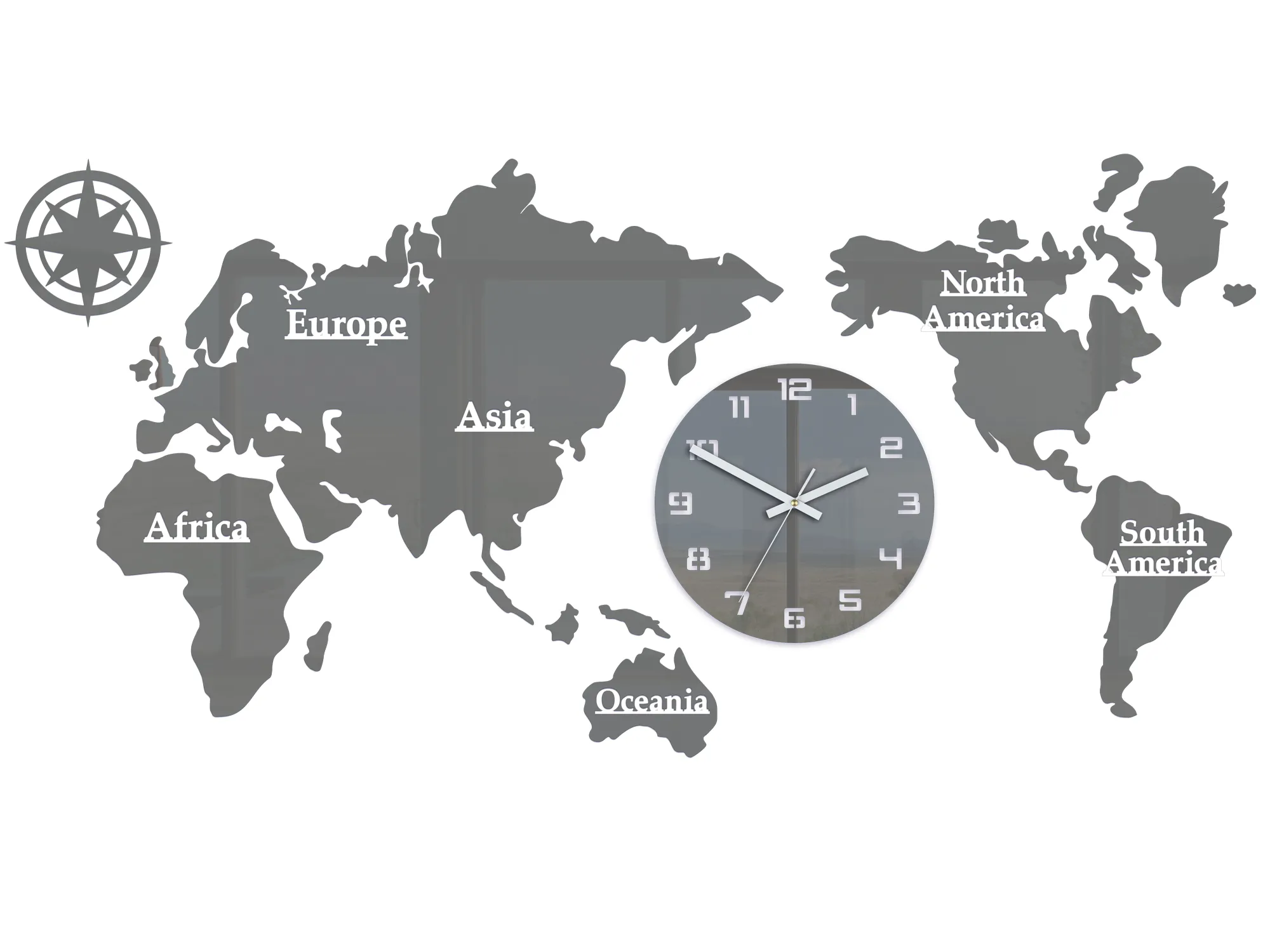 ModernClock Nástěnné samolepící hodiny Mapa světa 110x55 cm šedé