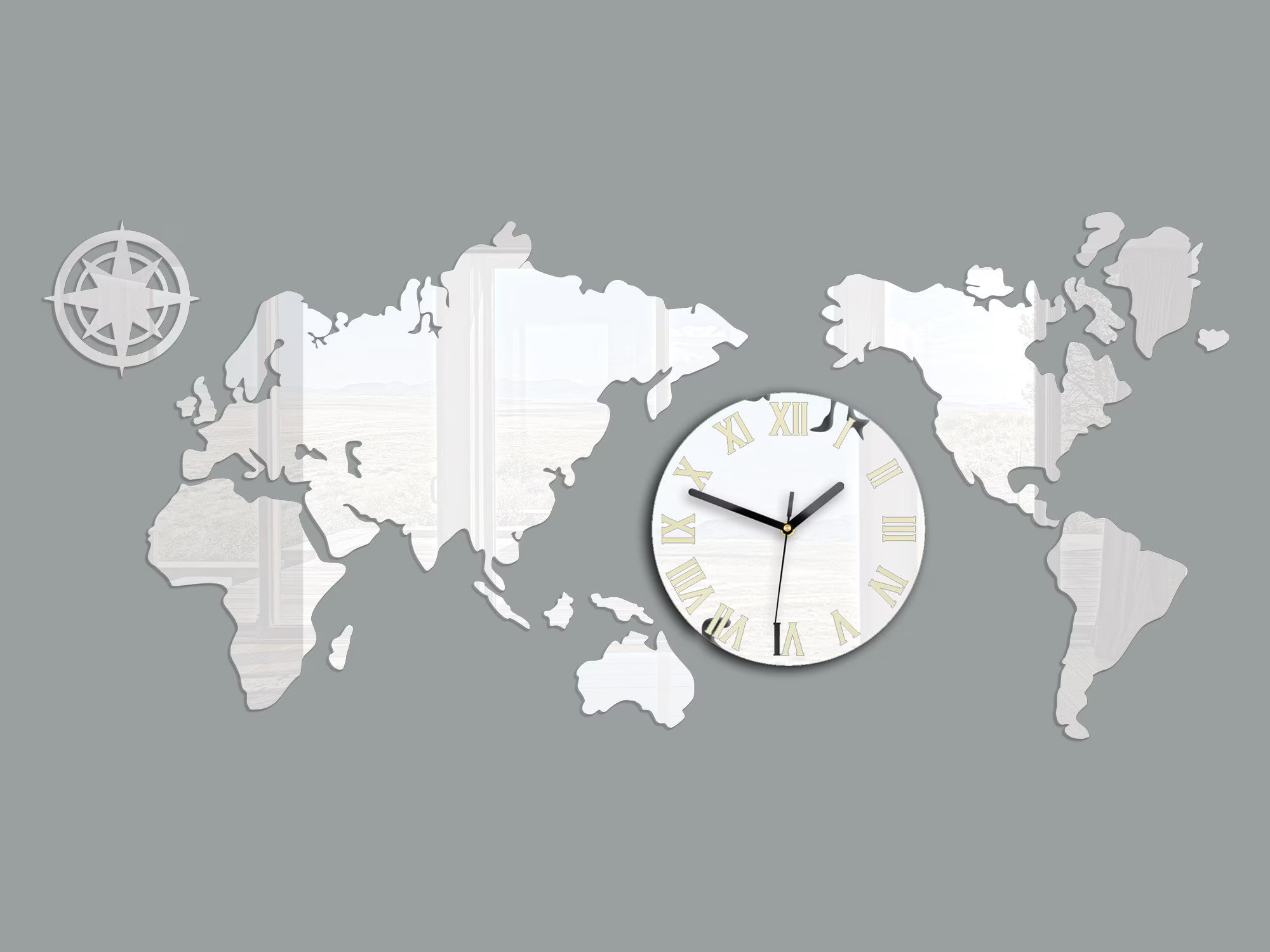 ModernClock Nástěnné samolepící hodiny Mapas 110x55 cm zrcadlové