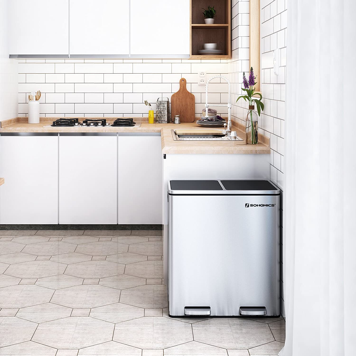 SONGMICS Odpadkový koš na tříděný odpad 2 x 30 L stříbrný - Obrázek 2