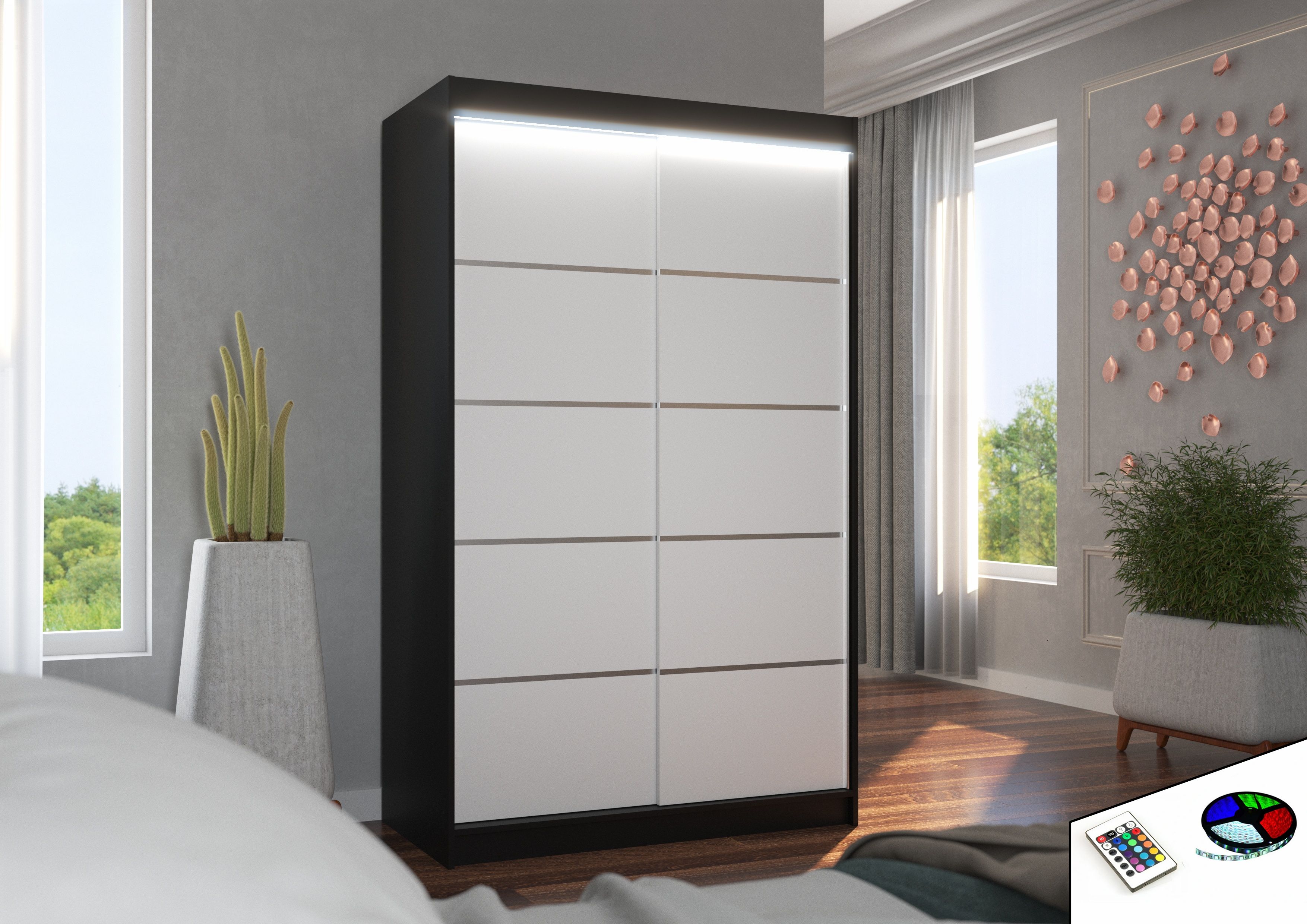 ADRK Šatní skříň posuvná s LED osvětlením BENISSO B-W 120 L