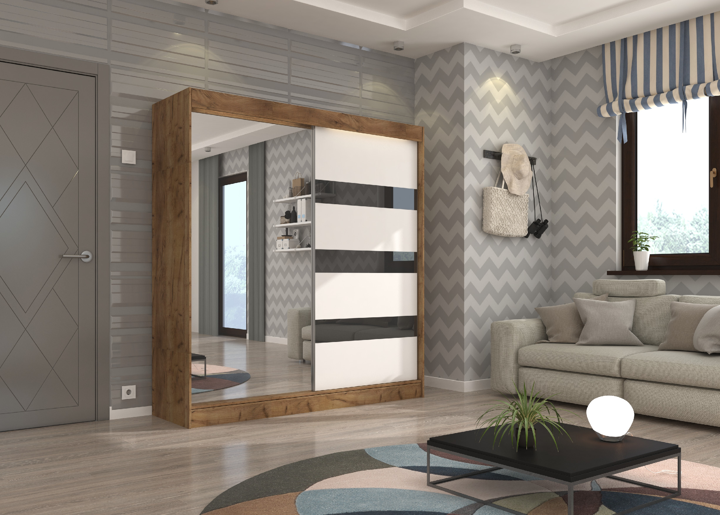 ADRK Šatní zrcadlová skříň posuvná TOURA CRAF-W-BL bílá/dub craft/černý Lacobel Šířka (cm): 200