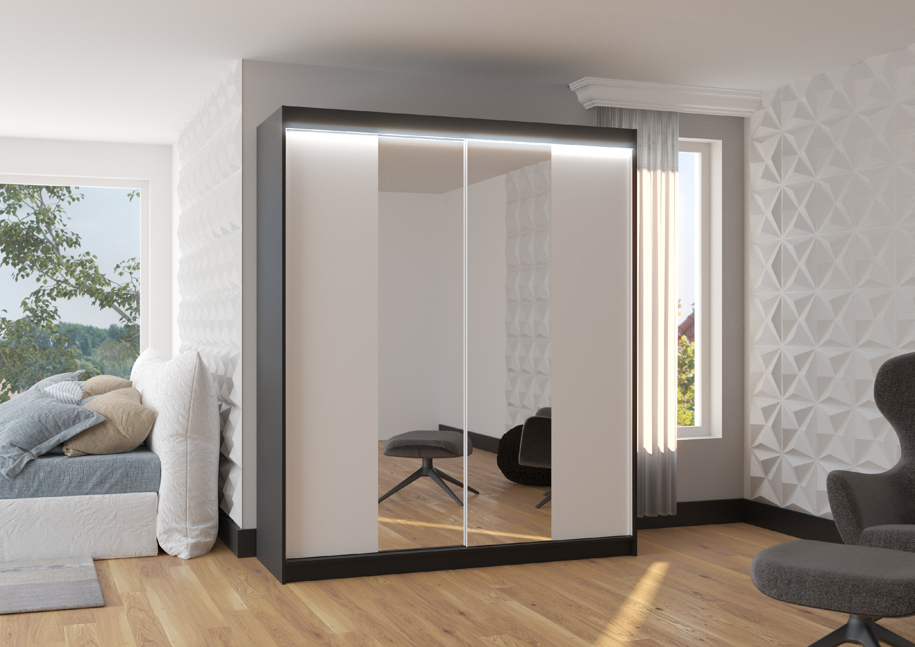 ADRK Šatní zrcadlová skříň posuvná s LED osvětlením BALANCE B-W 180 L