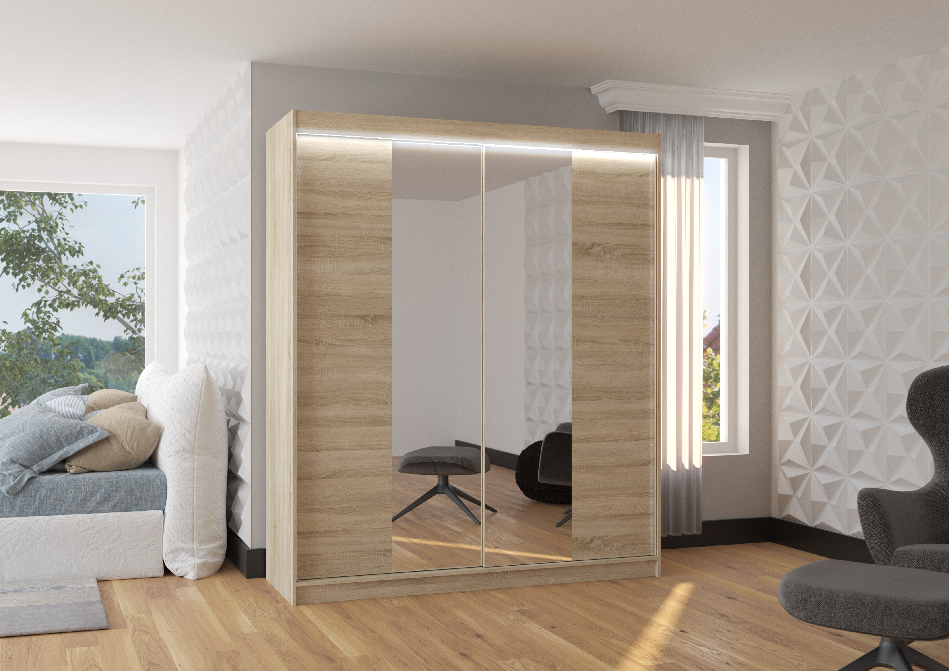 ADRK Šatní zrcadlová skříň posuvná s LED osvětlením BALANCE S 180 L