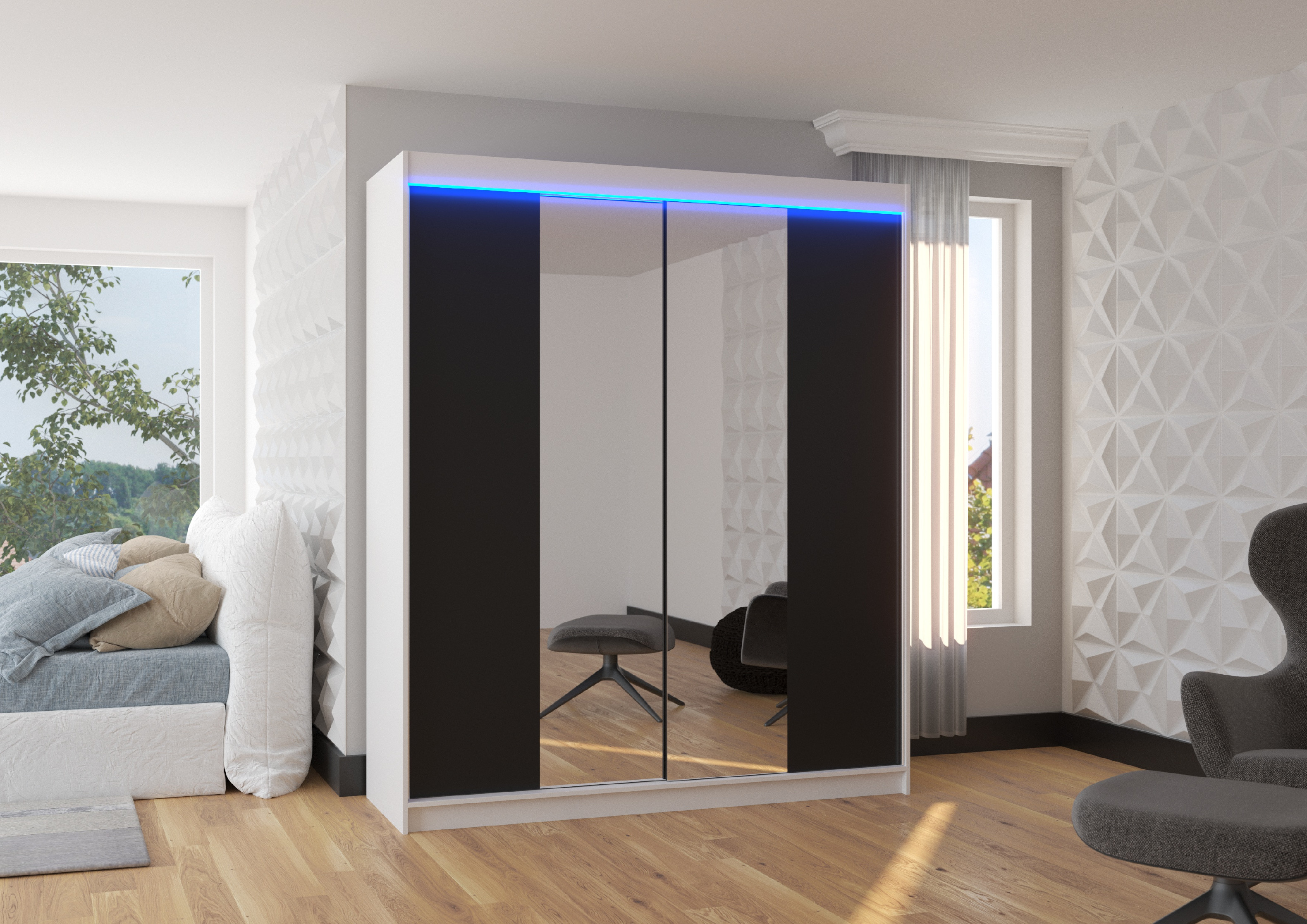 ADRK Šatní zrcadlová skříň posuvná s LED osvětlením BALANCE W-B 180 L