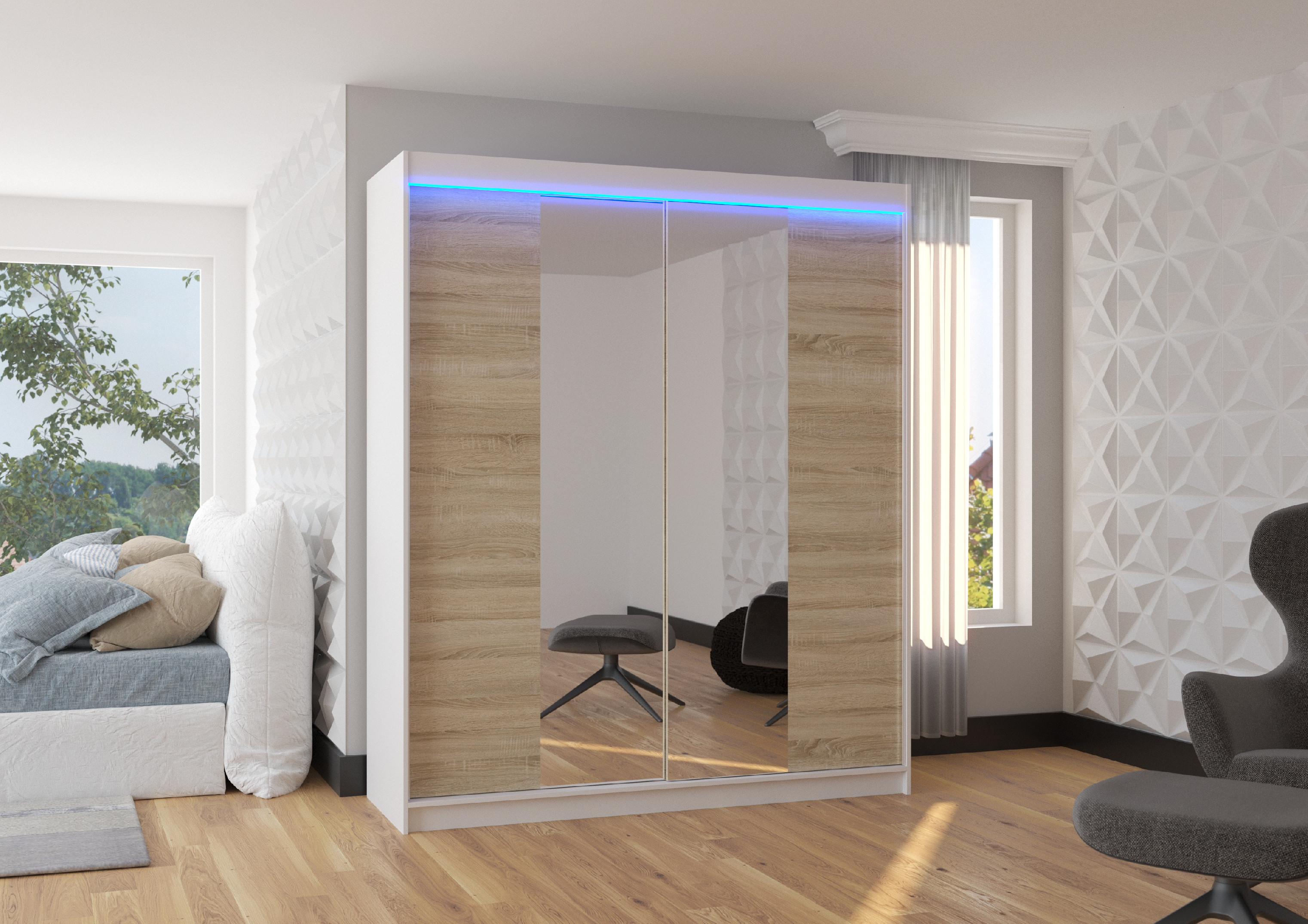 ADRK Šatní zrcadlová skříň posuvná s LED osvětlením BALANCE W-S 180 L
