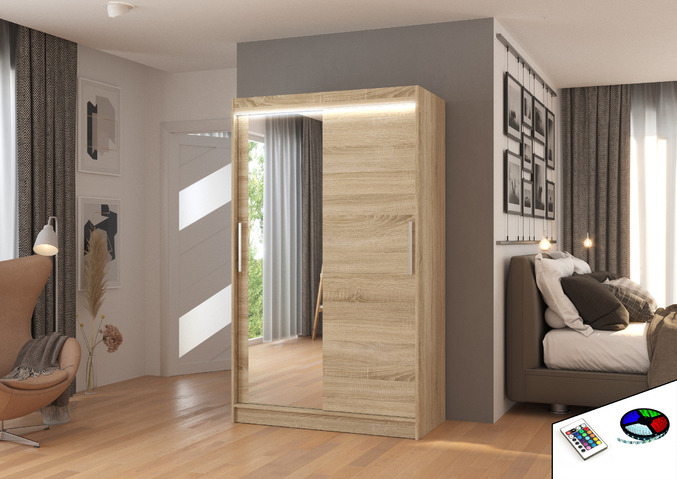 ADRK Šatní zrcadlová skříň posuvná s LED osvětlením BARIO S 120 L