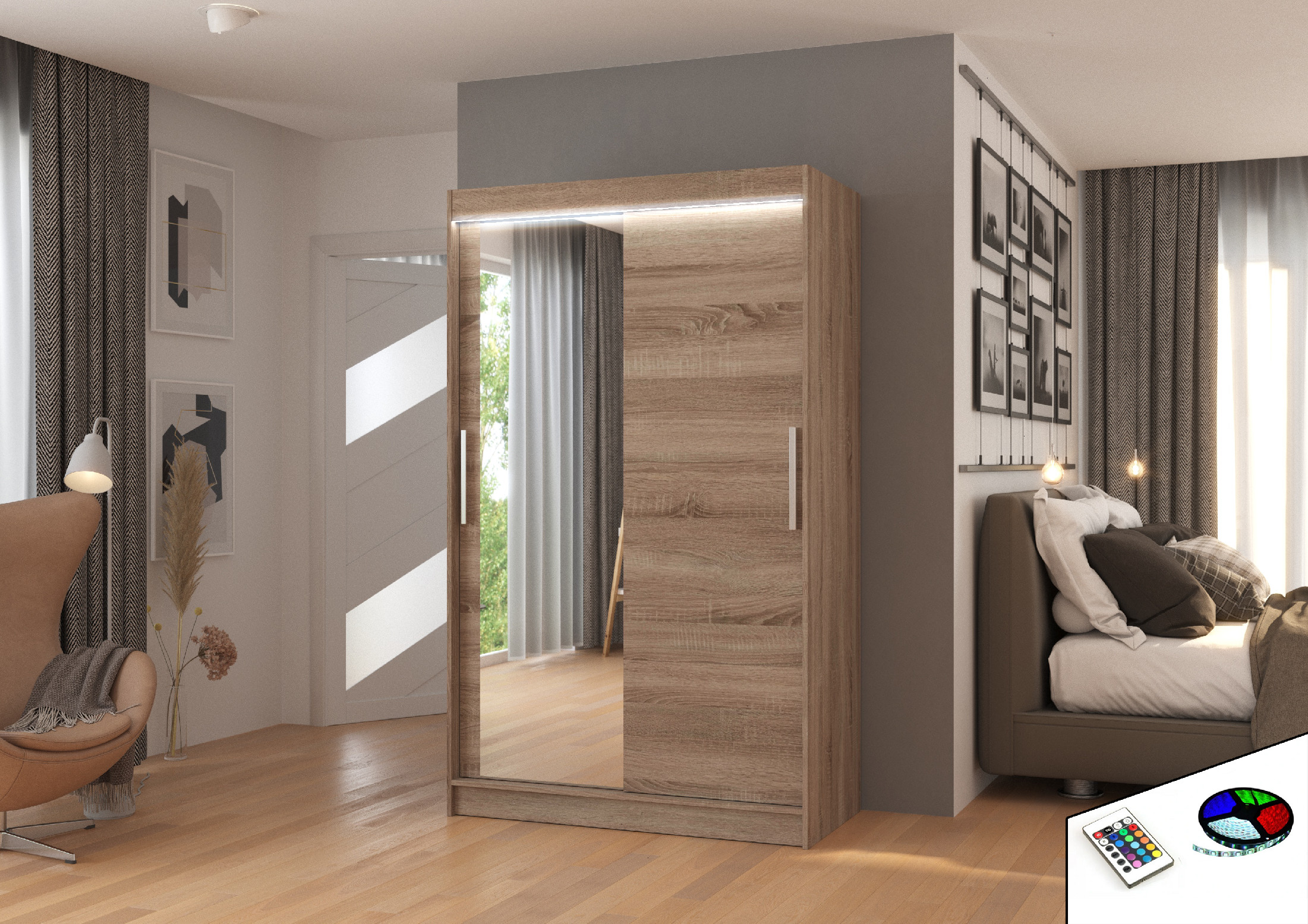 ADRK Šatní zrcadlová skříň posuvná s LED osvětlením BARIO T 120 L