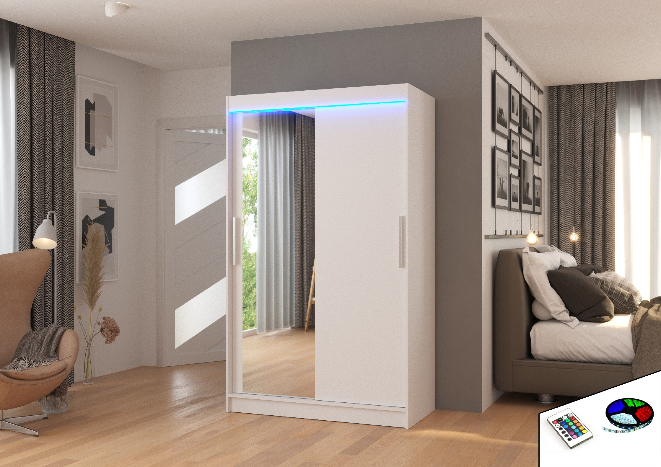 ADRK Šatní zrcadlová skříň posuvná s LED osvětlením BARIO W 120 L