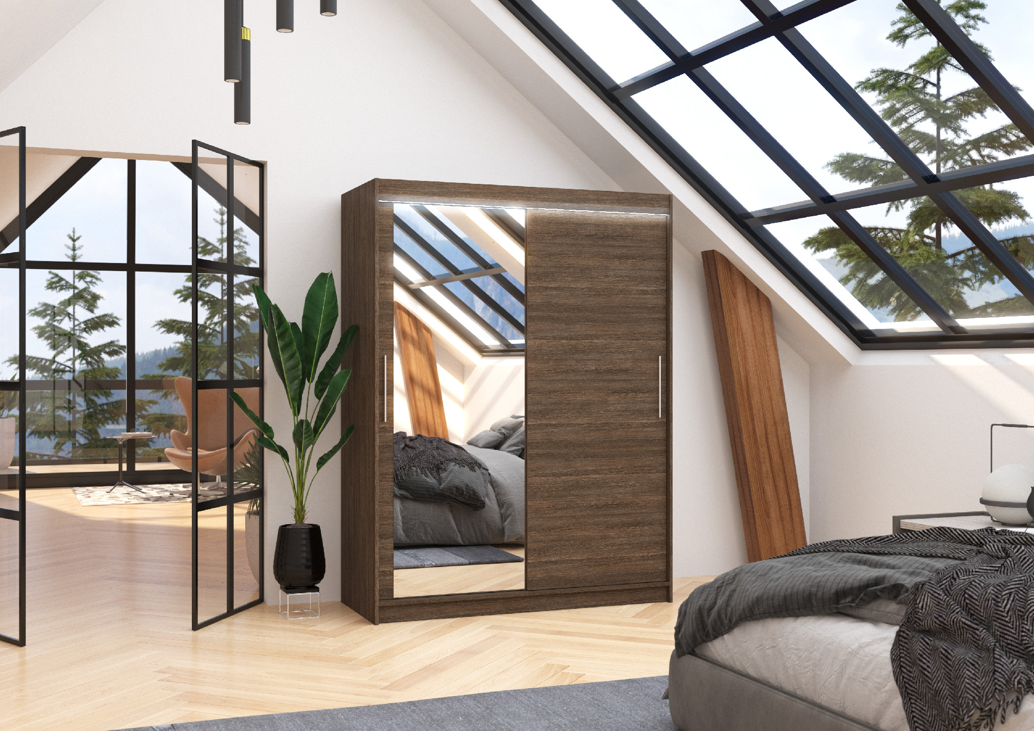 ADRK Šatní zrcadlová skříň posuvná s LED osvětlením BIANCO CH 150 L