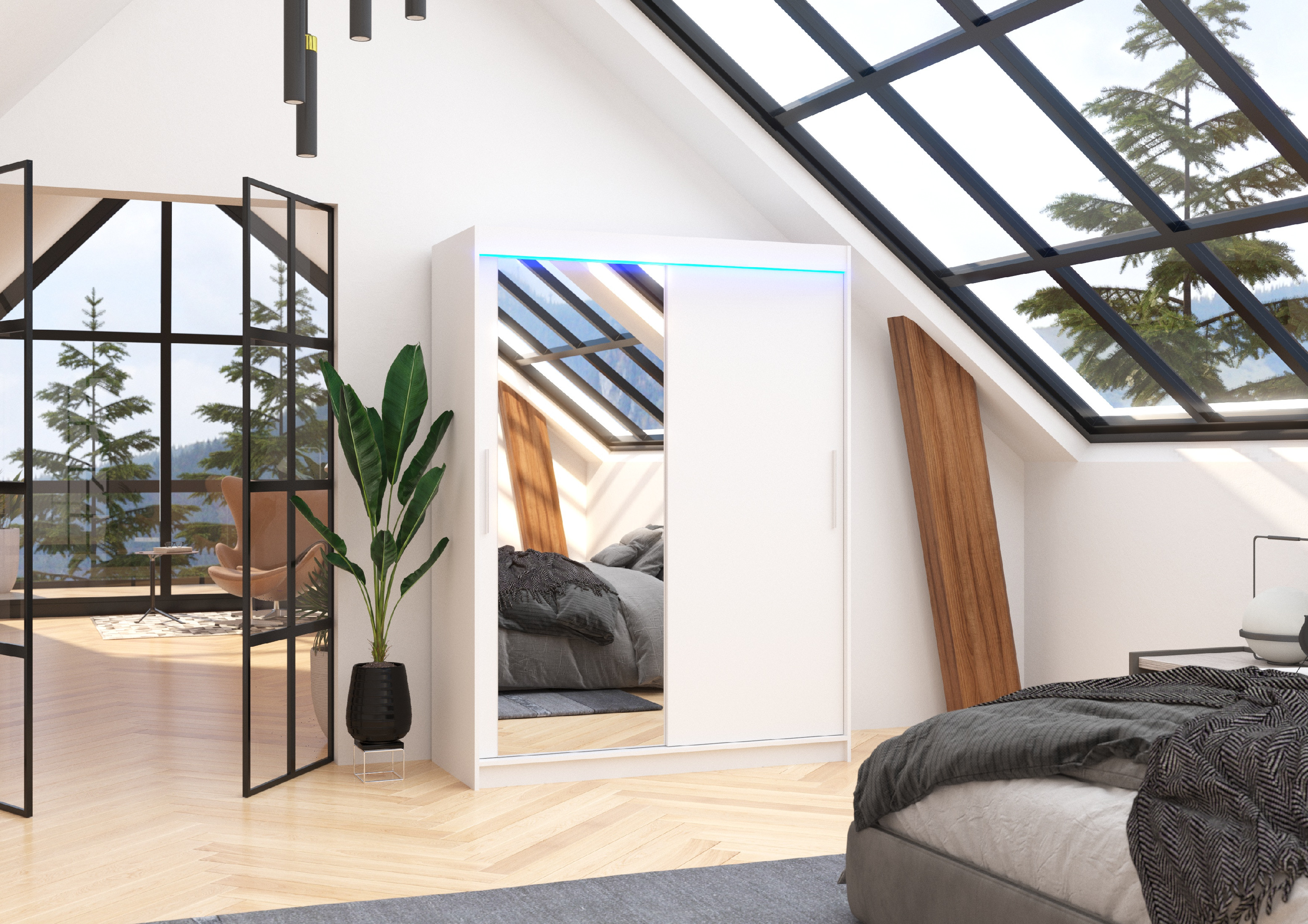 ADRK Šatní zrcadlová skříň posuvná s LED osvětlením BIANCO W 150 L