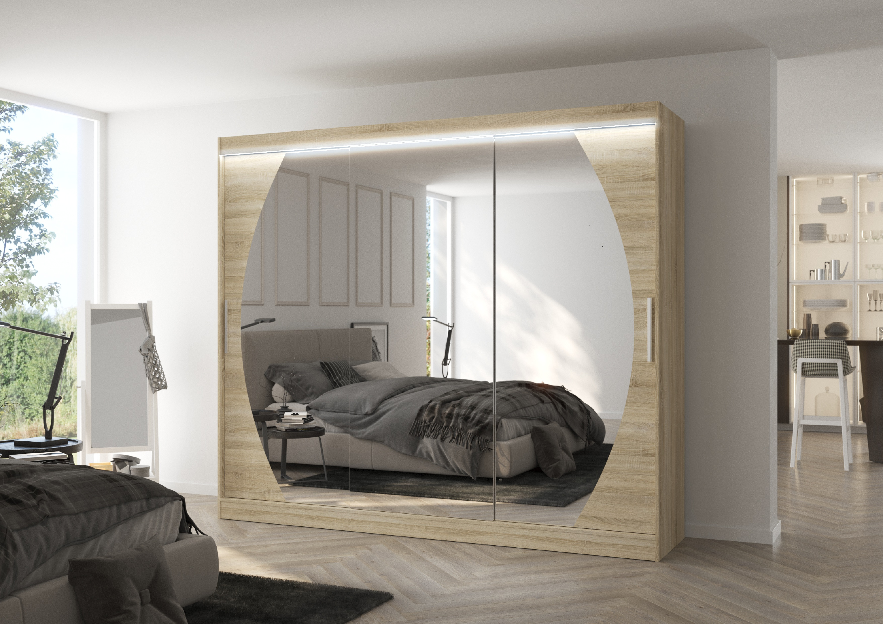 ADRK Šatní zrcadlová skříň posuvná s LED osvětlením CAMBE S 250 L