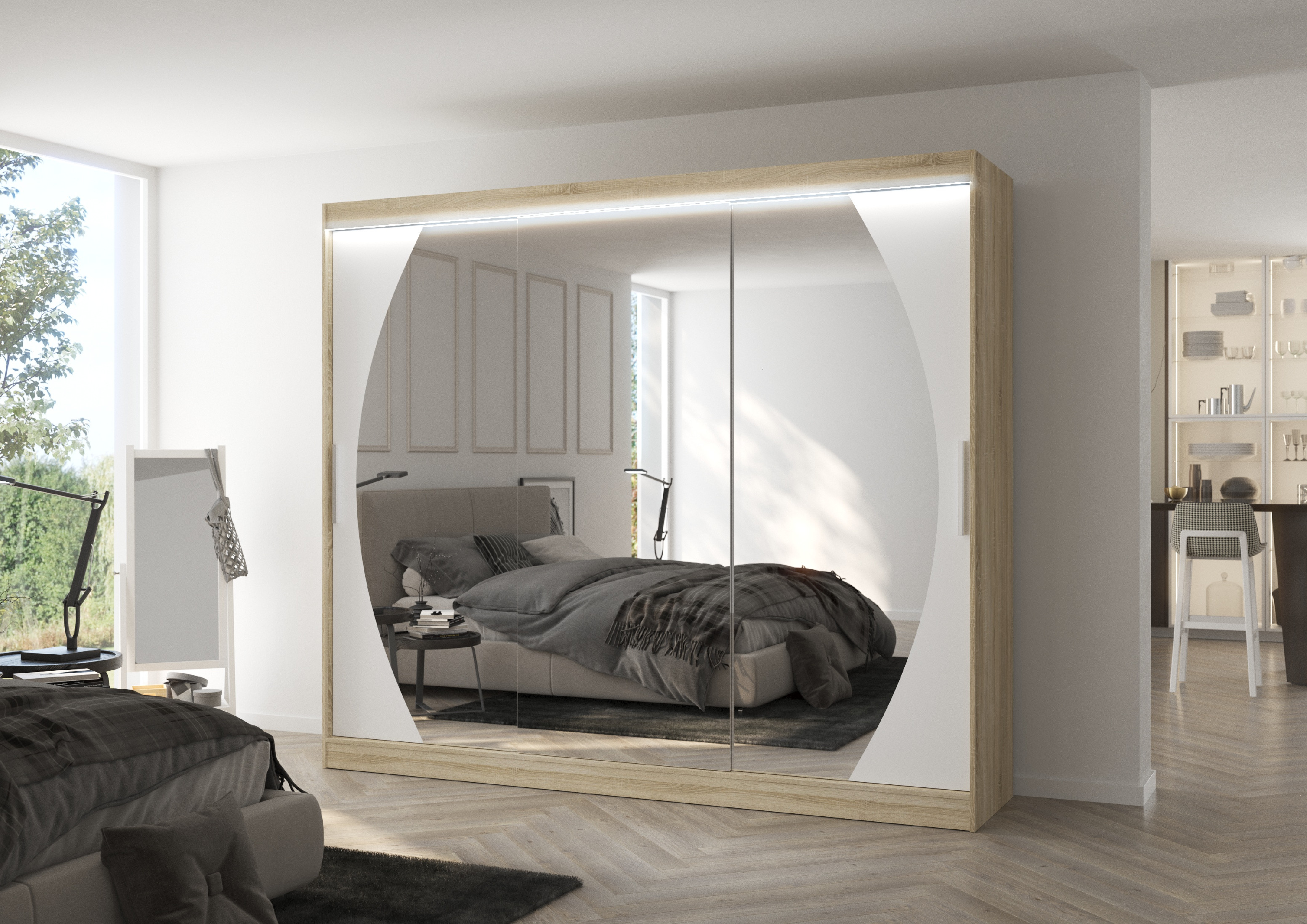 ADRK Šatní zrcadlová skříň posuvná s LED osvětlením CAMBE S-W 250 L