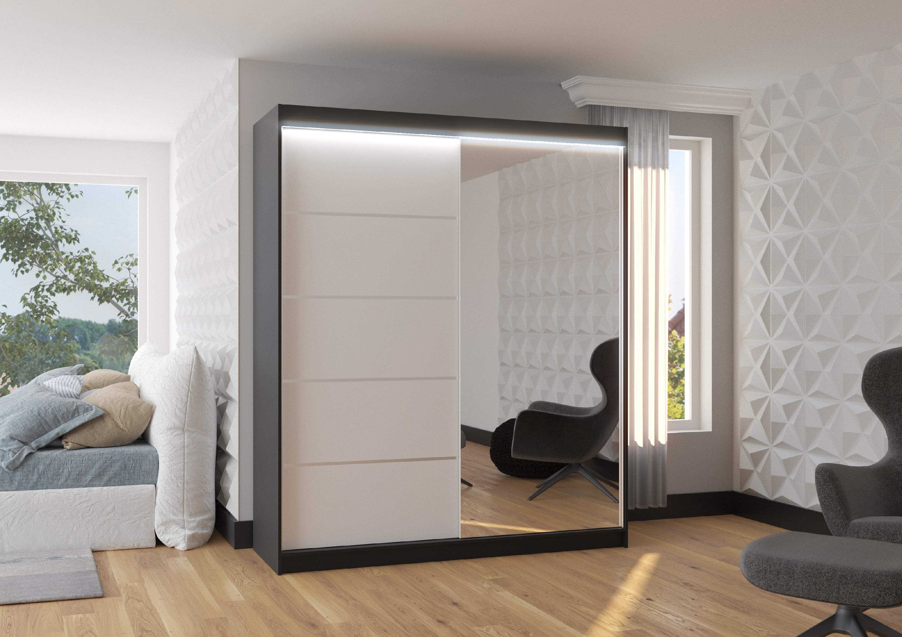 ADRK Šatní zrcadlová skříň posuvná s LED osvětlením CARO B-W 180 L