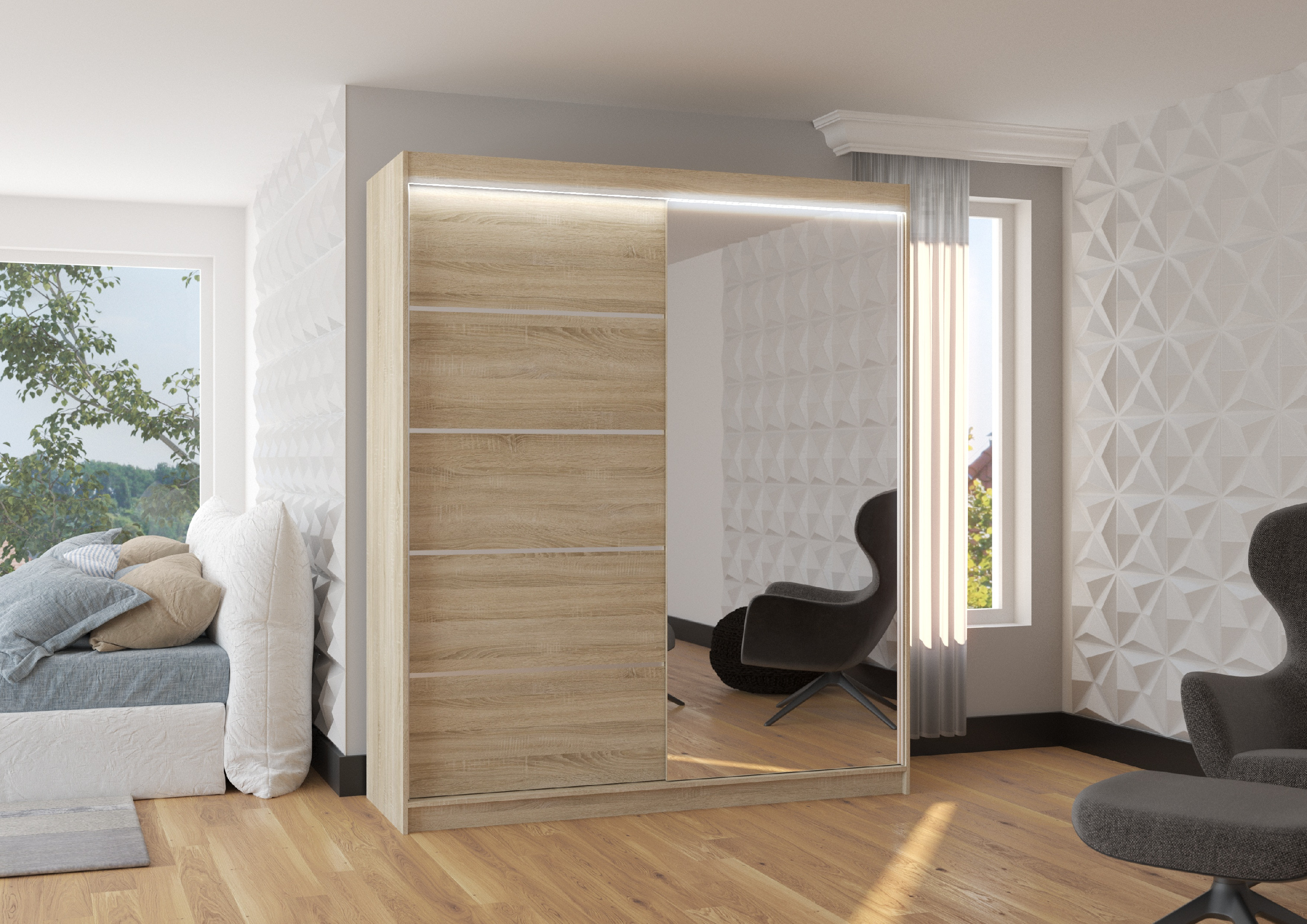ADRK Šatní zrcadlová skříň posuvná s LED osvětlením CARO S 180 L