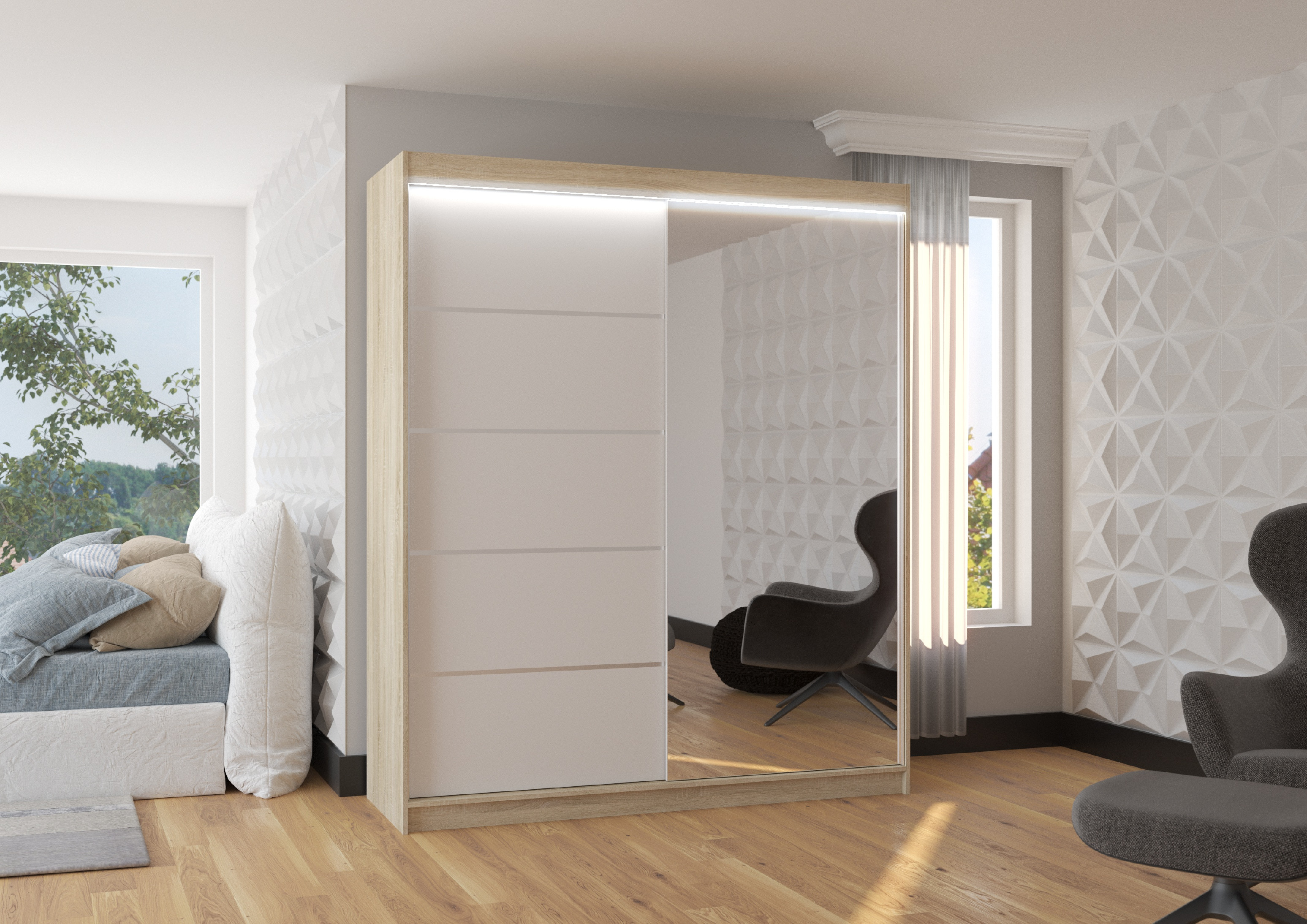 ADRK Šatní zrcadlová skříň posuvná s LED osvětlením CARO S-W 180 L