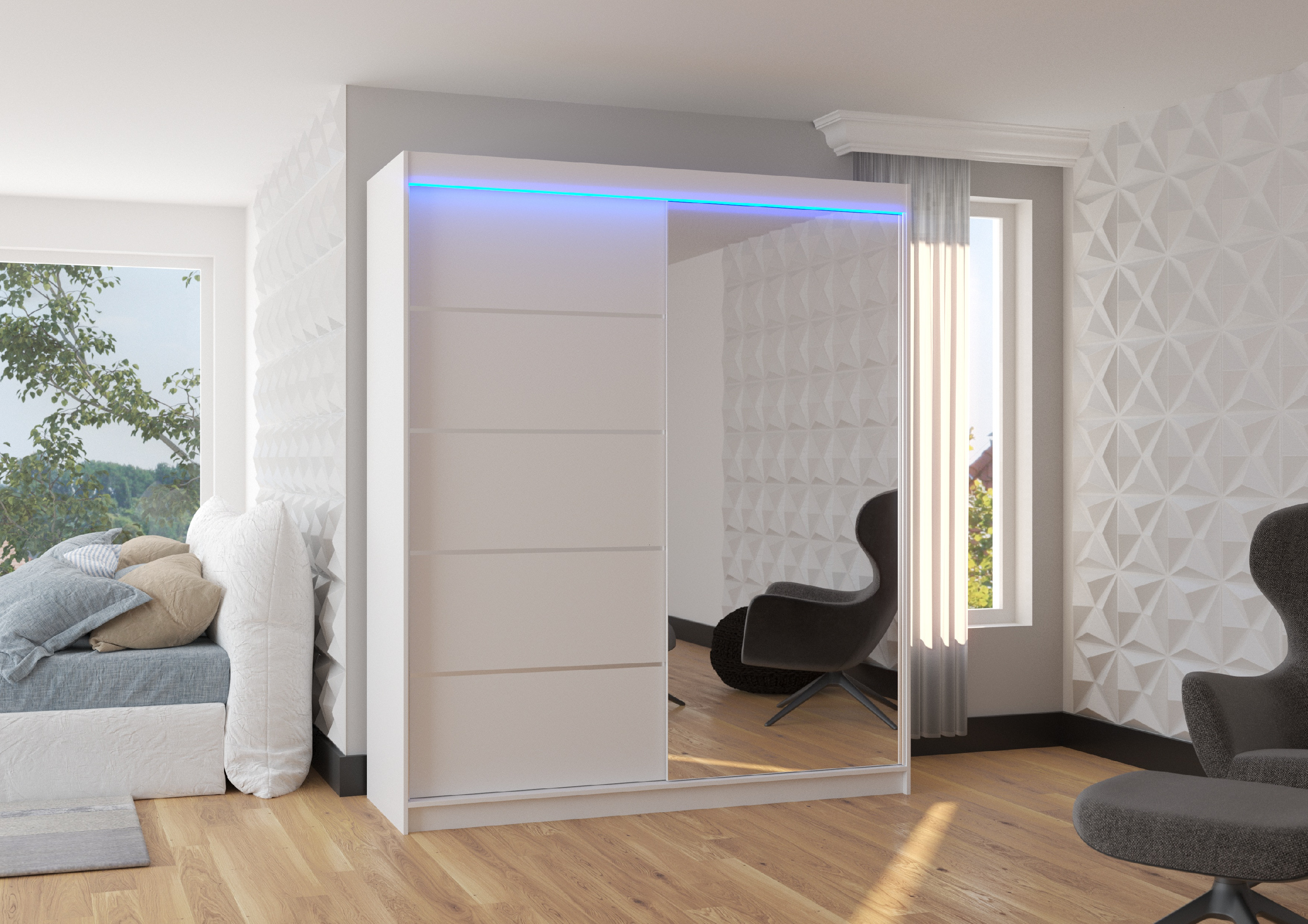 ADRK Šatní zrcadlová skříň posuvná s LED osvětlením CARO W 180 L