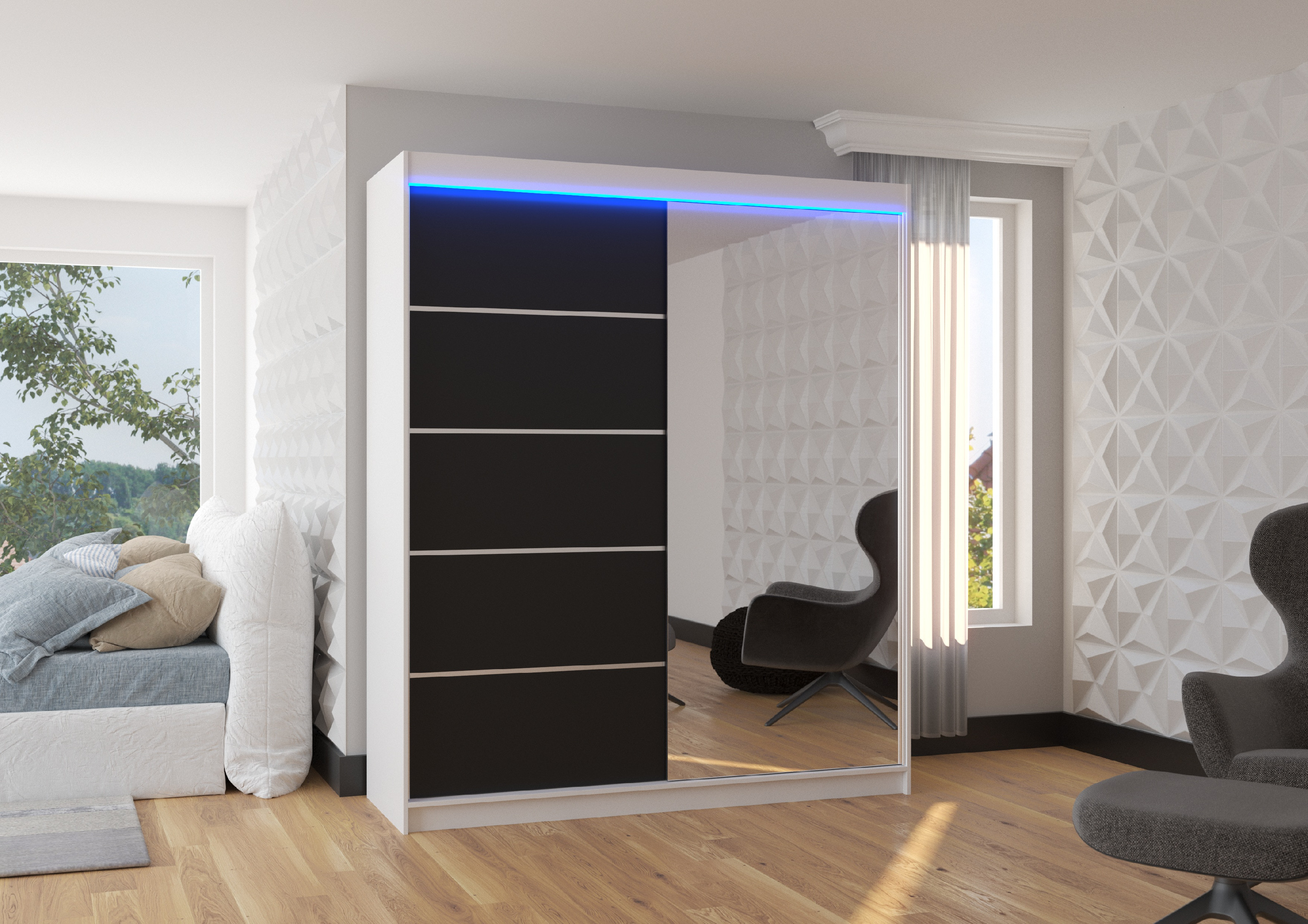 ADRK Šatní zrcadlová skříň posuvná s LED osvětlením CARO W-B 180 L