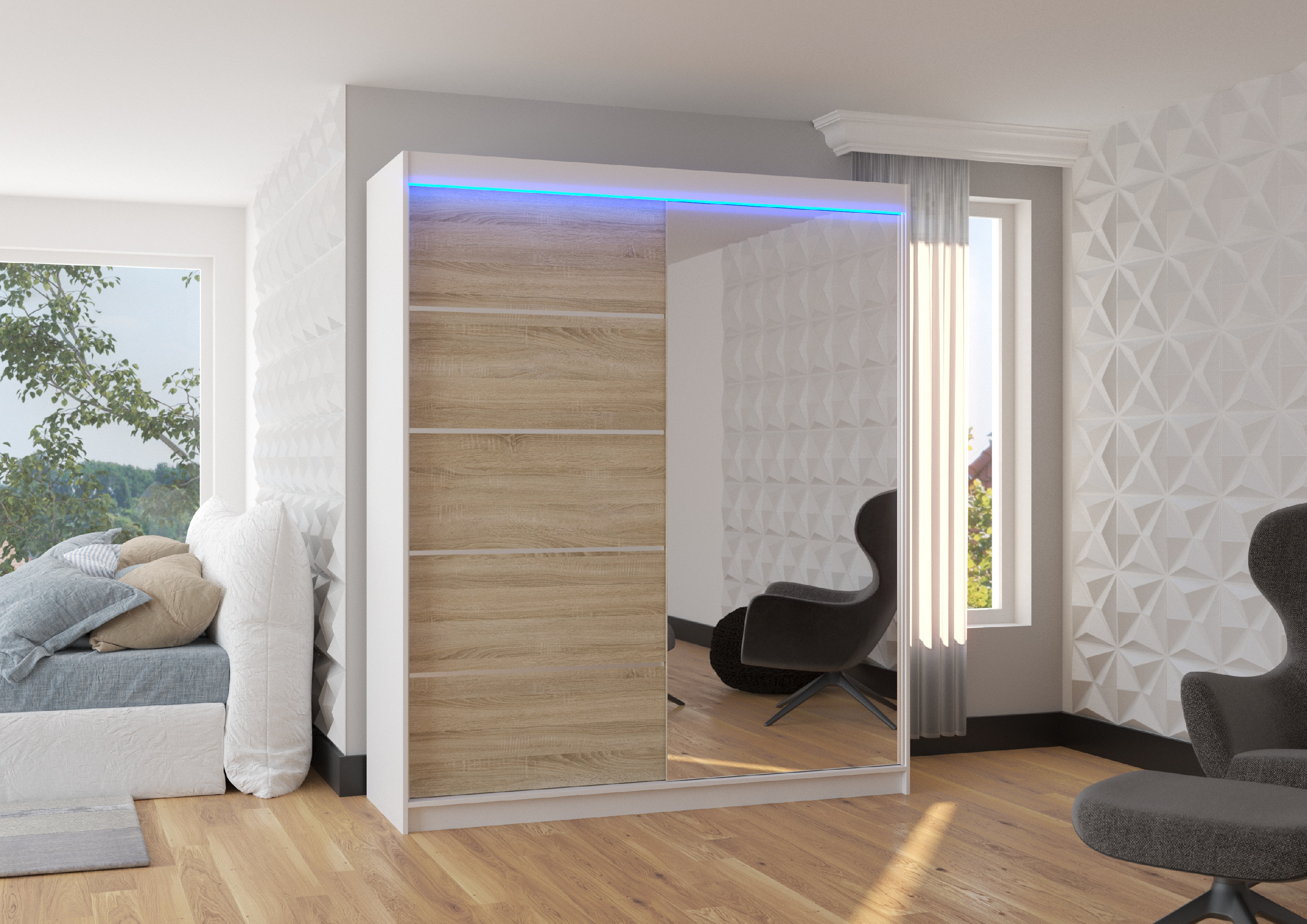 ADRK Šatní zrcadlová skříň posuvná s LED osvětlením CARO W-S 180 L