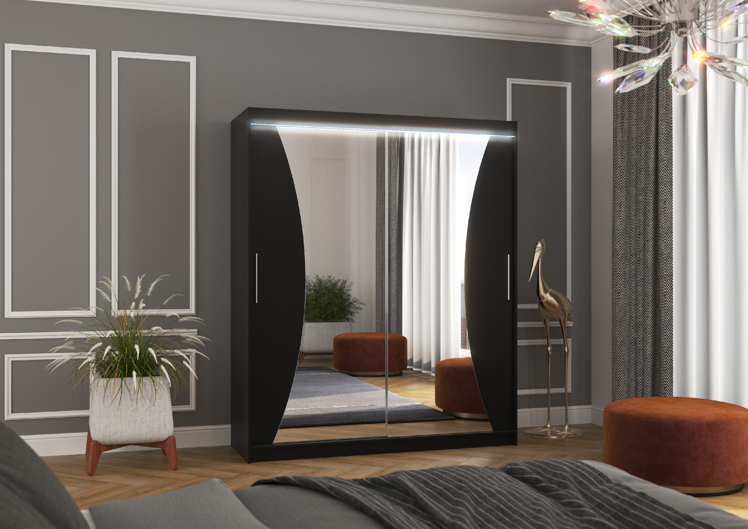 ADRK Šatní zrcadlová skříň posuvná s LED osvětlením CHARLOTTE B 180 L