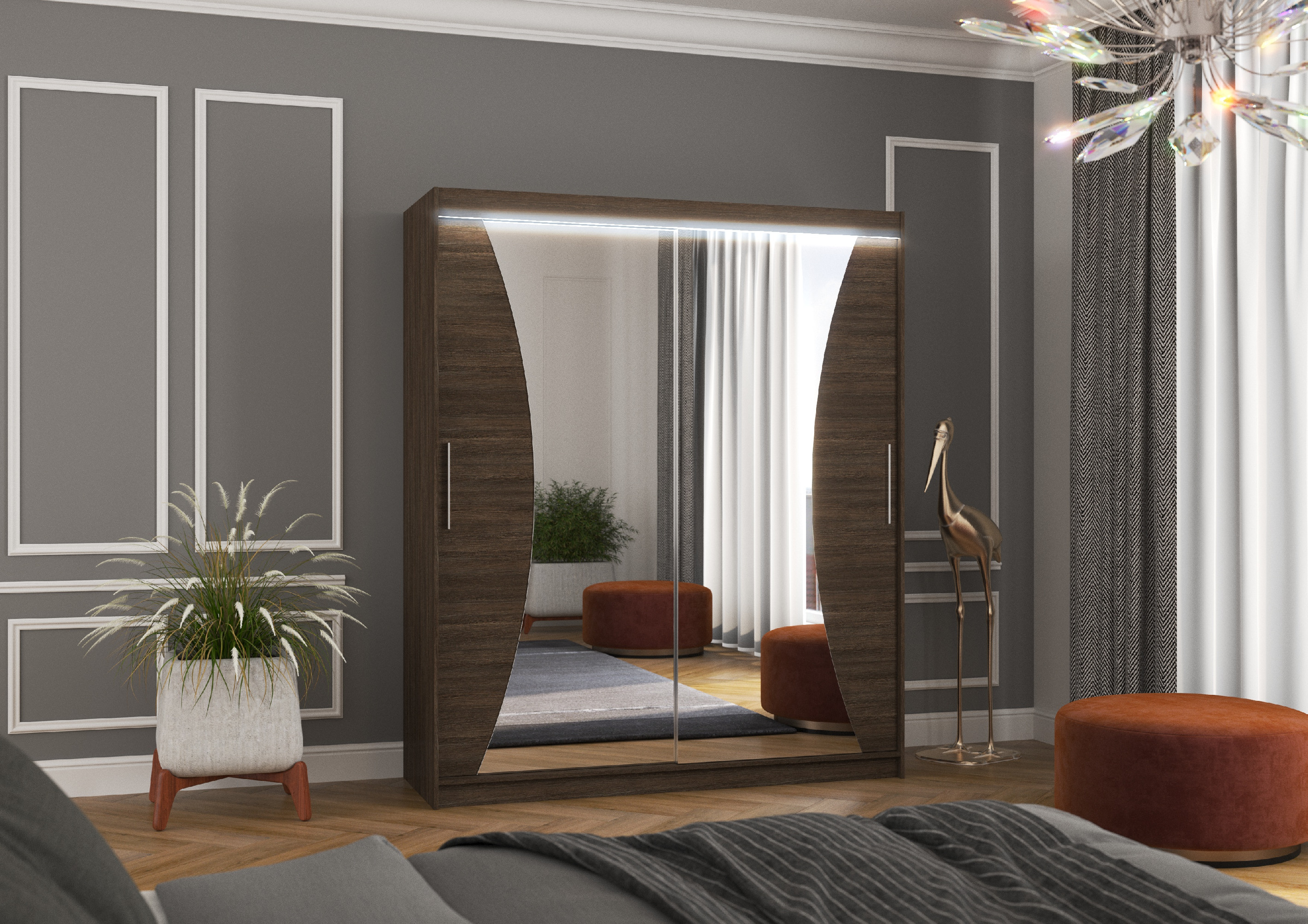 ADRK Šatní zrcadlová skříň posuvná s LED osvětlením CHARLOTTE CH 180 L