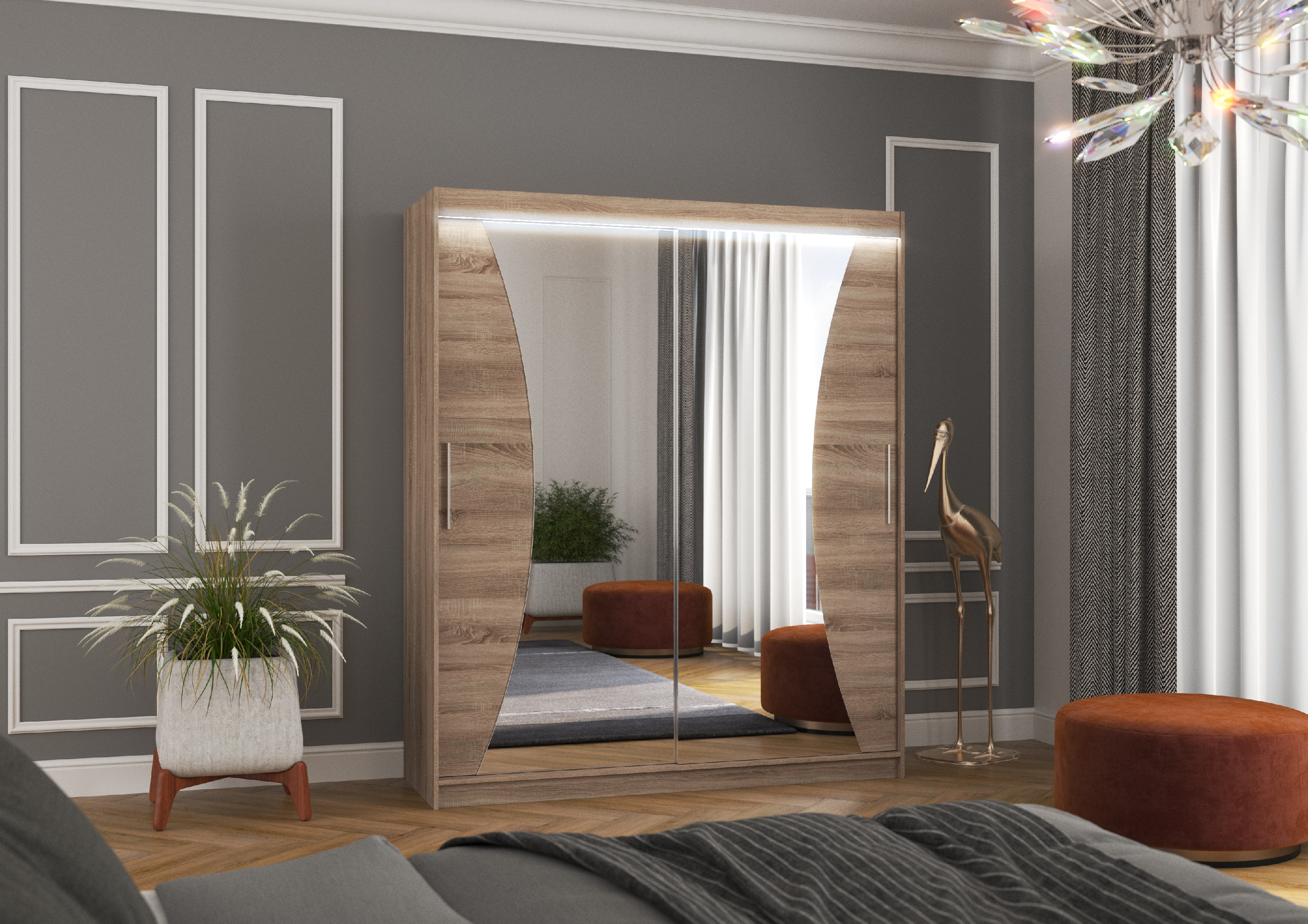 ADRK Šatní zrcadlová skříň posuvná s LED osvětlením CHARLOTTE T 180 L