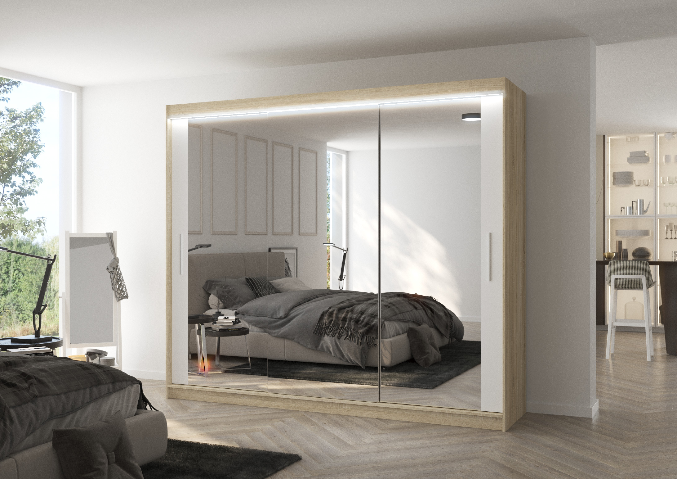 ADRK Šatní zrcadlová skříň posuvná s LED osvětlením CHESTER S-W 250 L