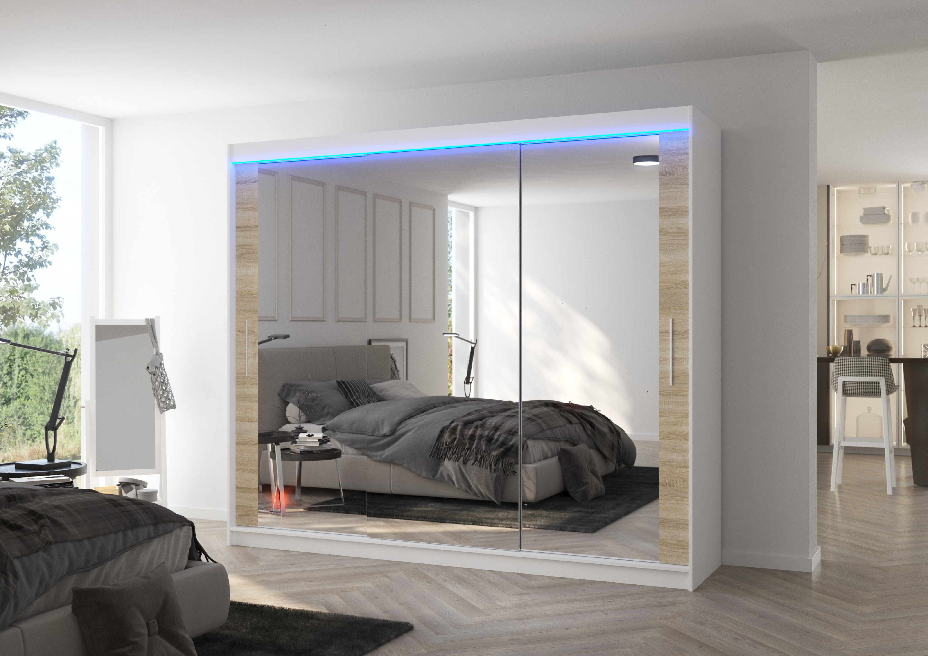 ADRK Šatní zrcadlová skříň posuvná s LED osvětlením CHESTER W-S 250 L