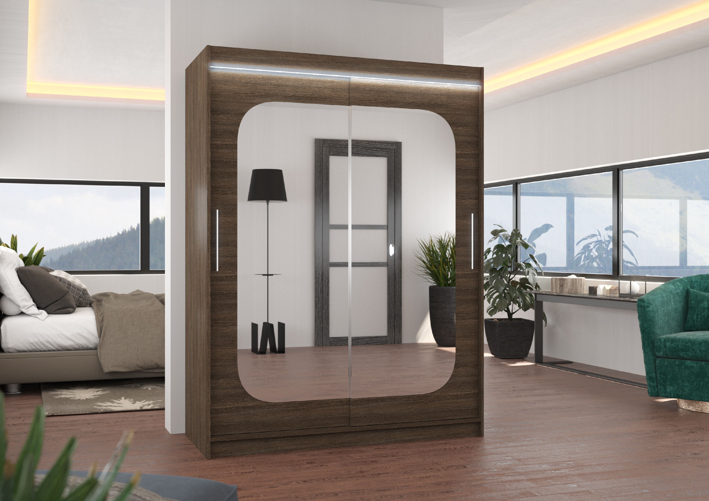 ADRK Šatní zrcadlová skříň posuvná s LED osvětlením CLEVER CH 150 L