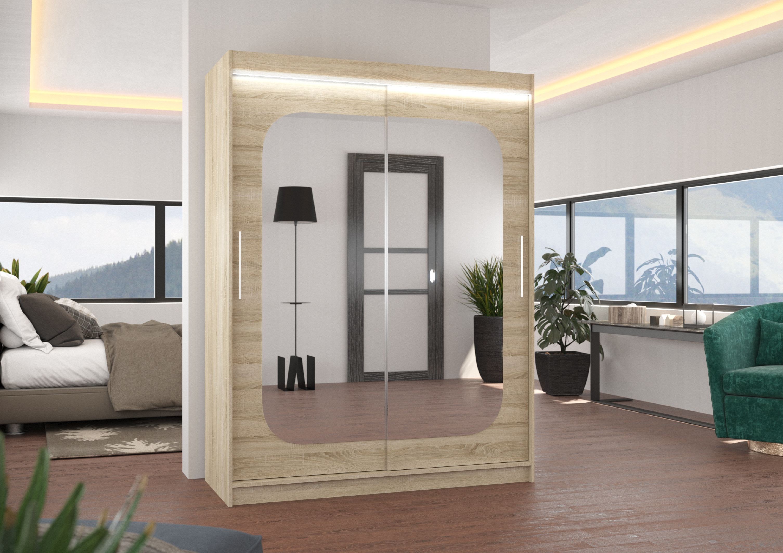 ADRK Šatní zrcadlová skříň posuvná s LED osvětlením CLEVER S 150 L