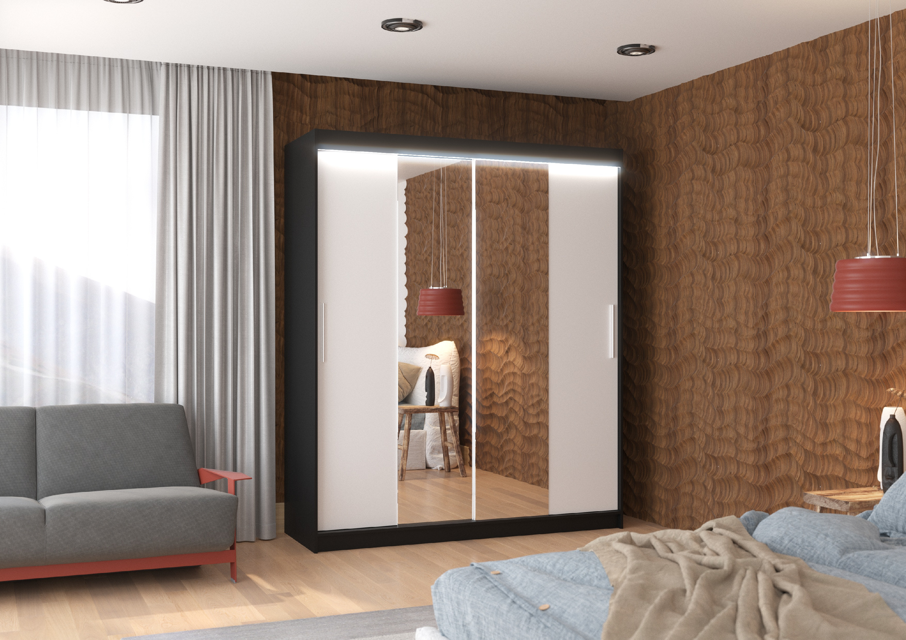 ADRK Šatní zrcadlová skříň posuvná s LED osvětlením DALLAS B-W 180 L