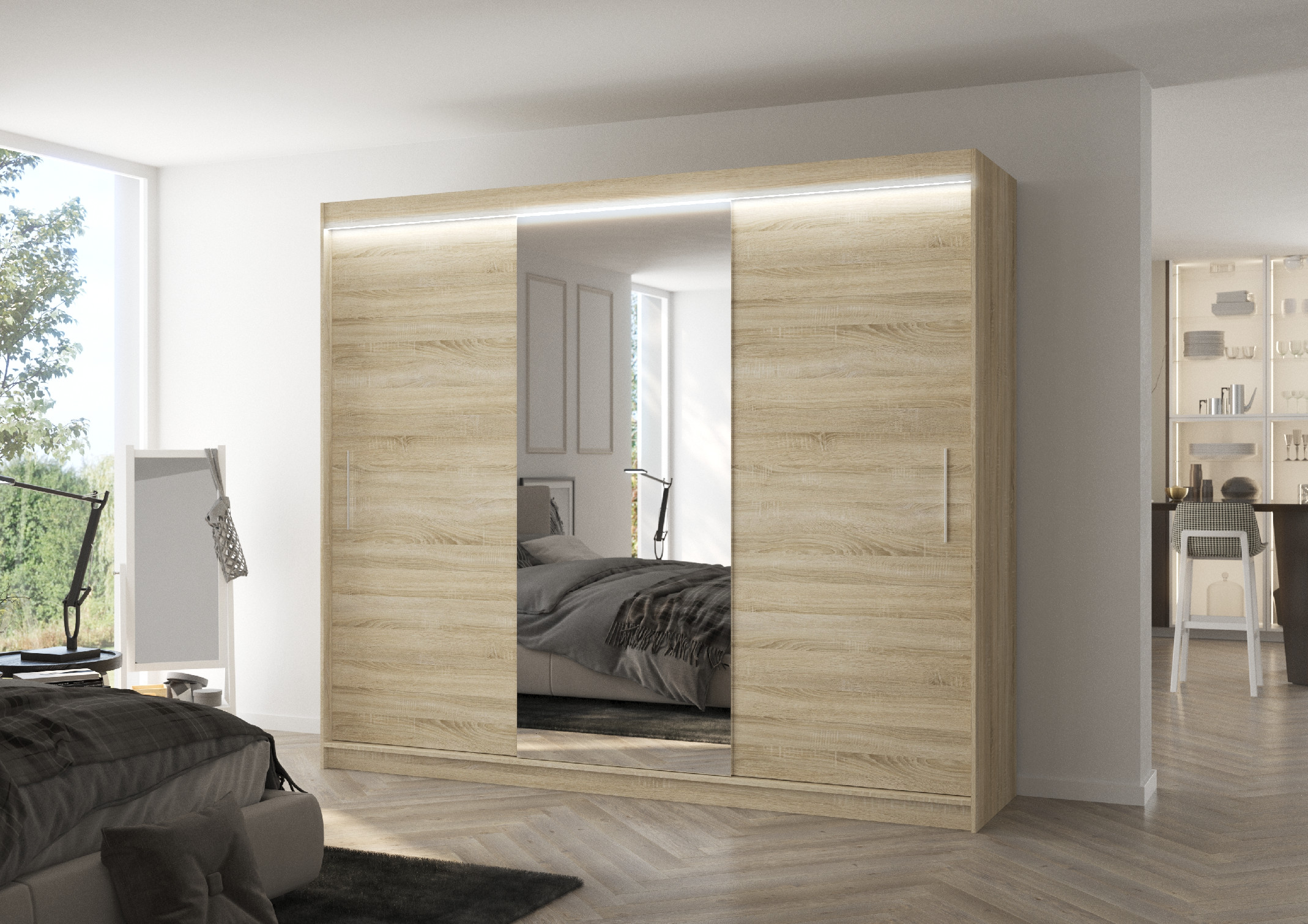 ADRK Šatní zrcadlová skříň posuvná s LED osvětlením DENIS S 250 L