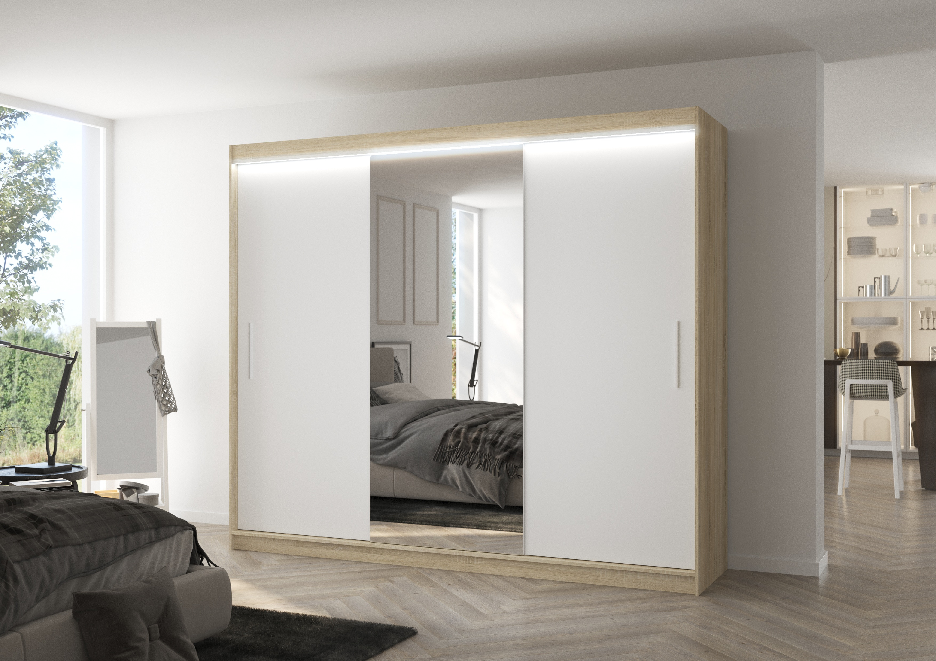 ADRK Šatní zrcadlová skříň posuvná s LED osvětlením DENIS S-W 250 L
