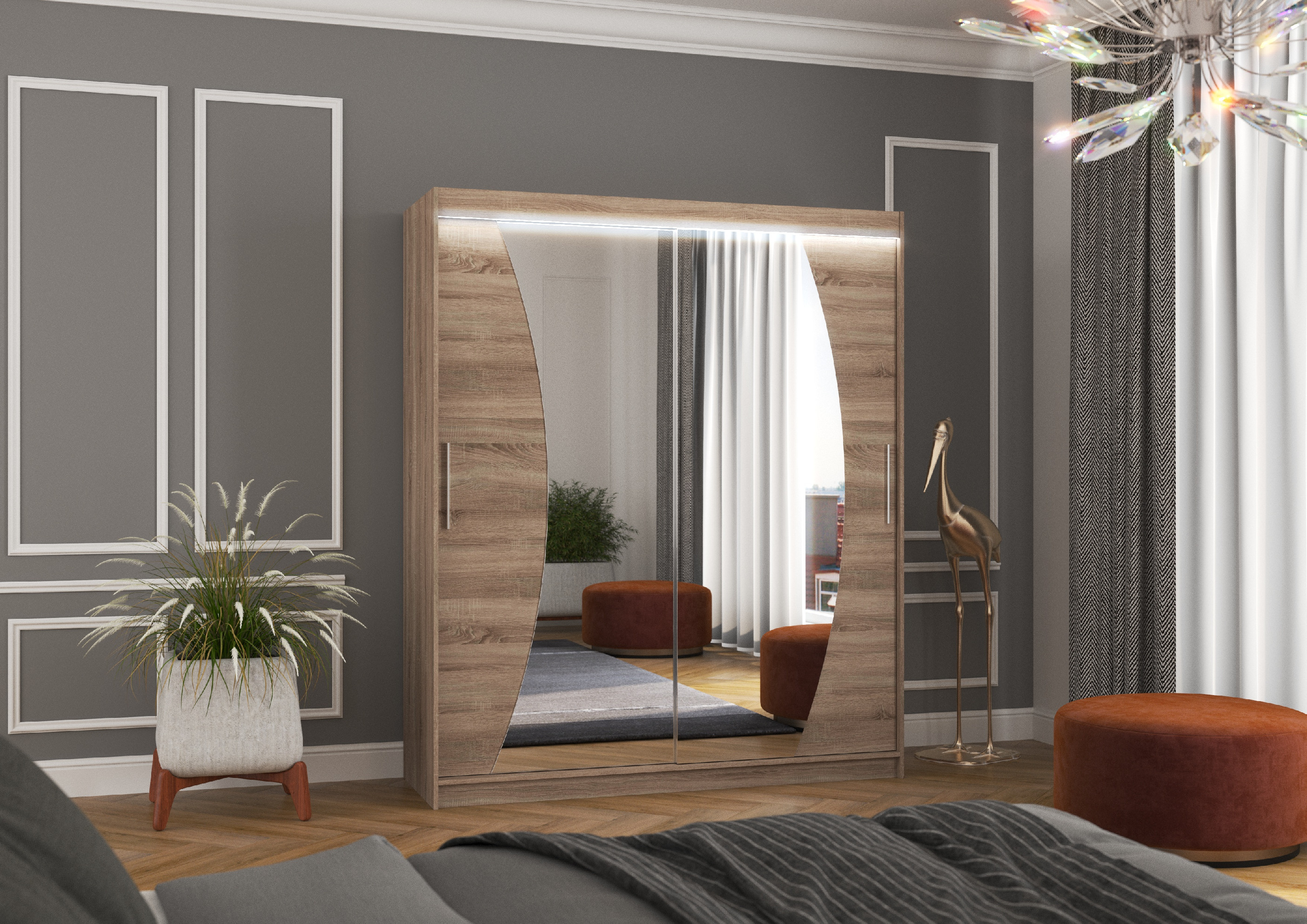ADRK Šatní zrcadlová skříň posuvná s LED osvětlením DOLORES T 180 L