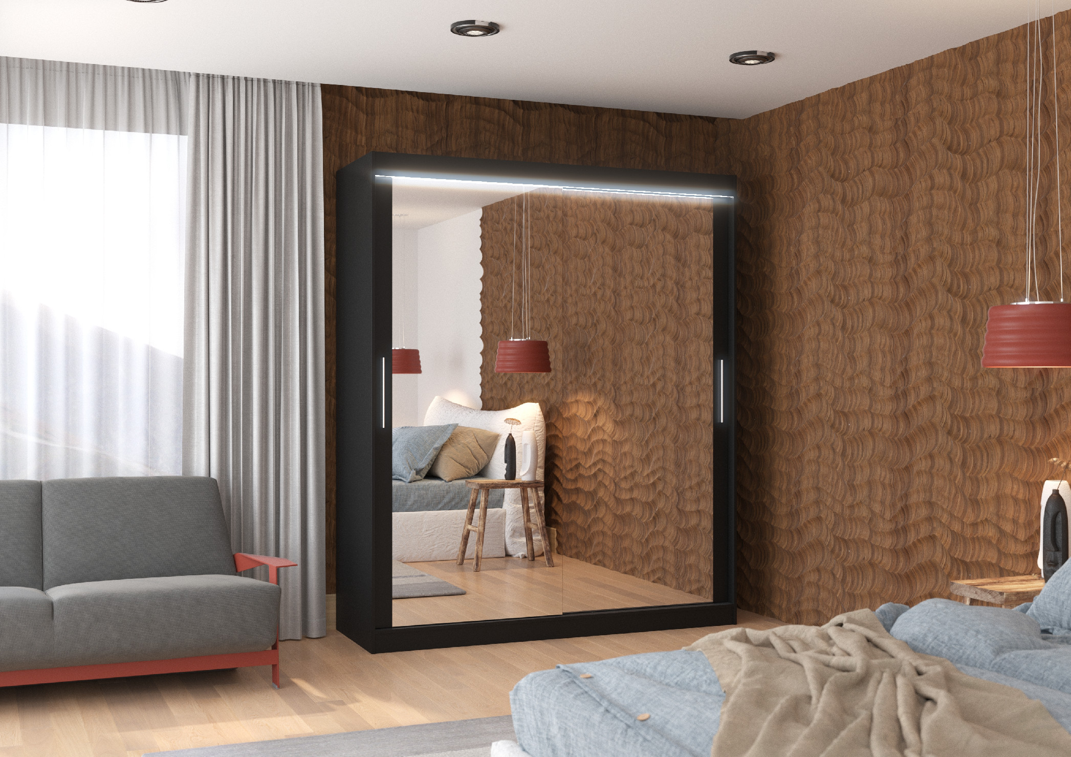 ADRK Šatní zrcadlová skříň posuvná s LED osvětlením ETTORE B 180 L