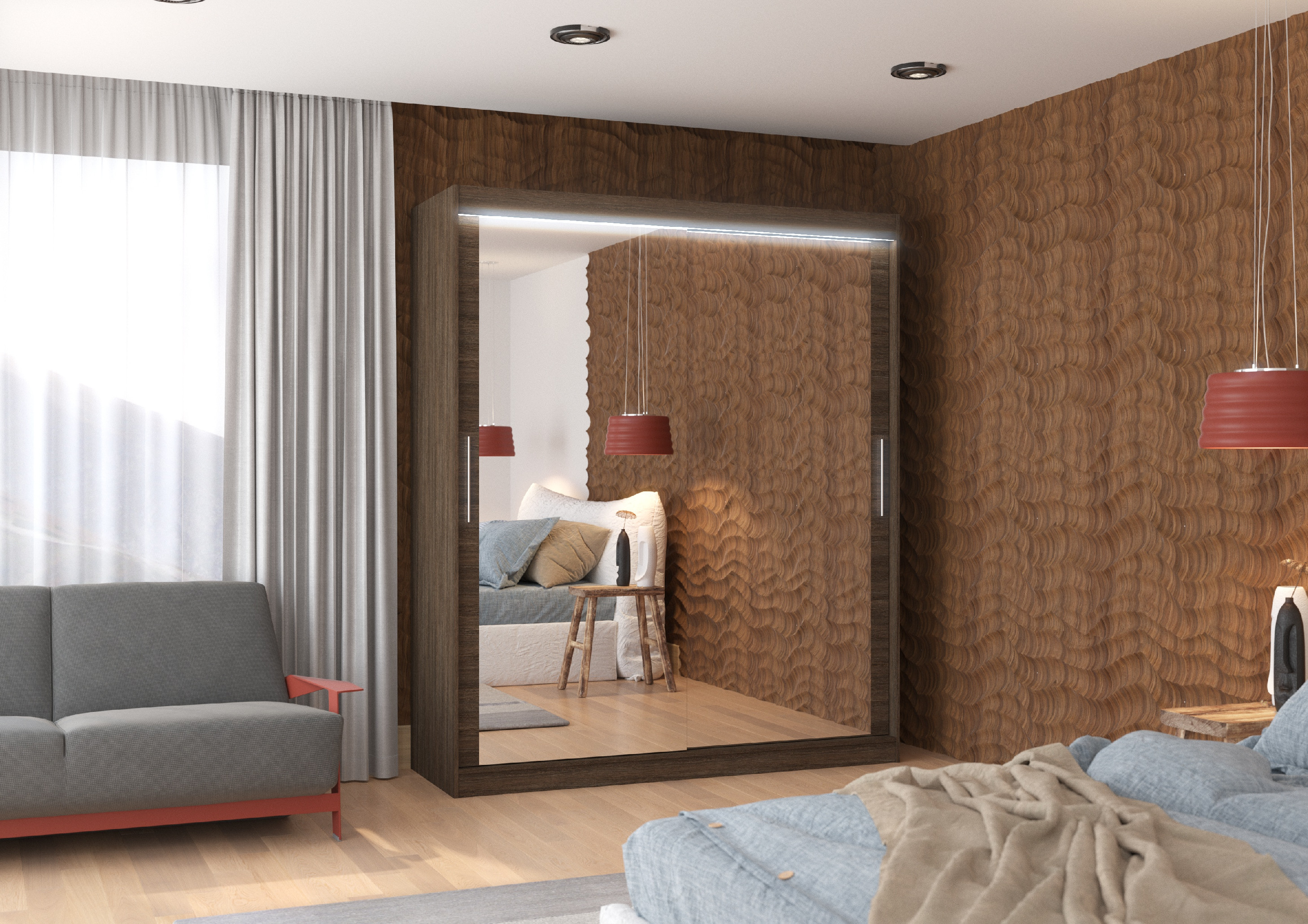ADRK Šatní zrcadlová skříň posuvná s LED osvětlením ETTORE CH 180 L
