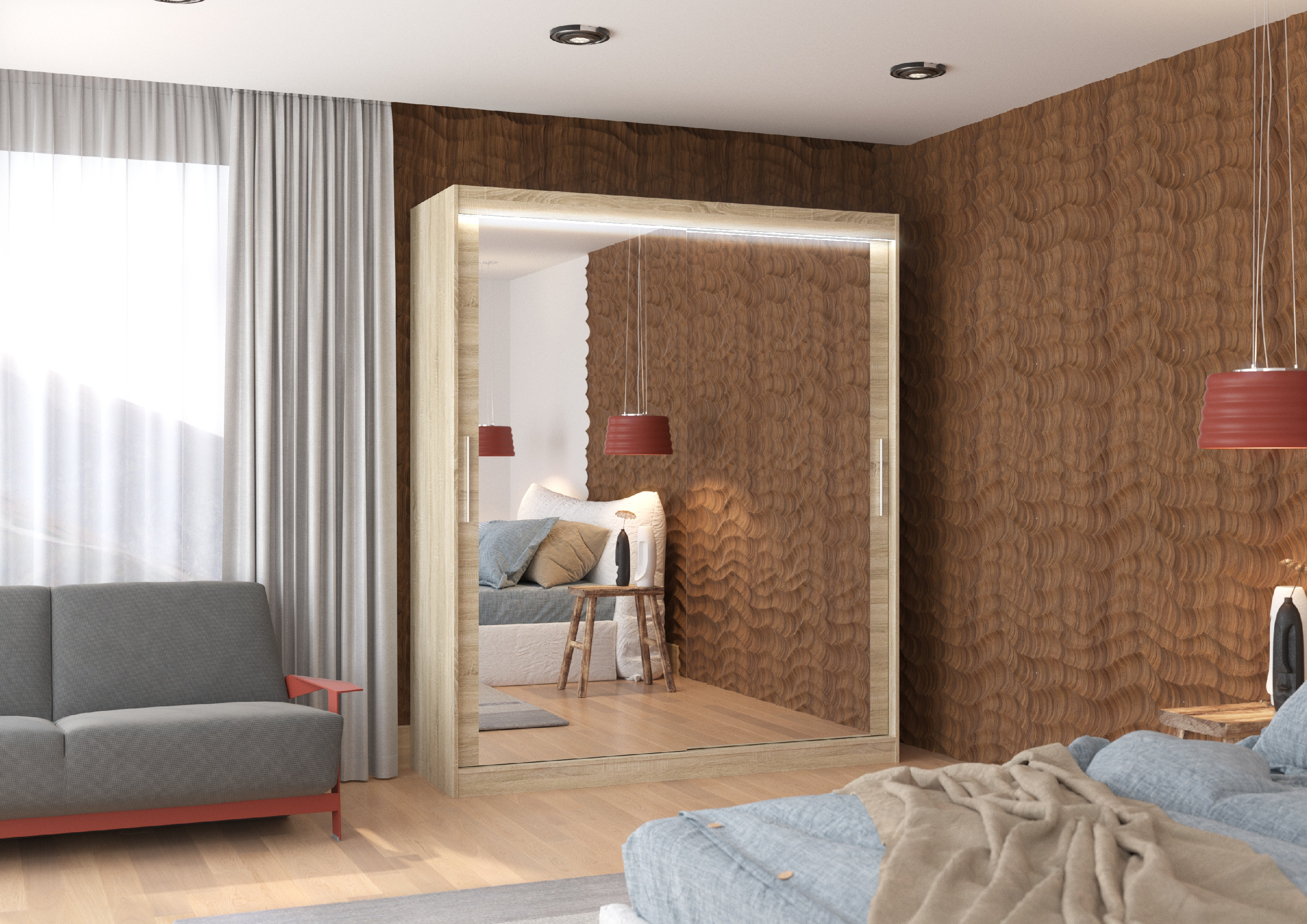 ADRK Šatní zrcadlová skříň posuvná s LED osvětlením ETTORE S 180 L