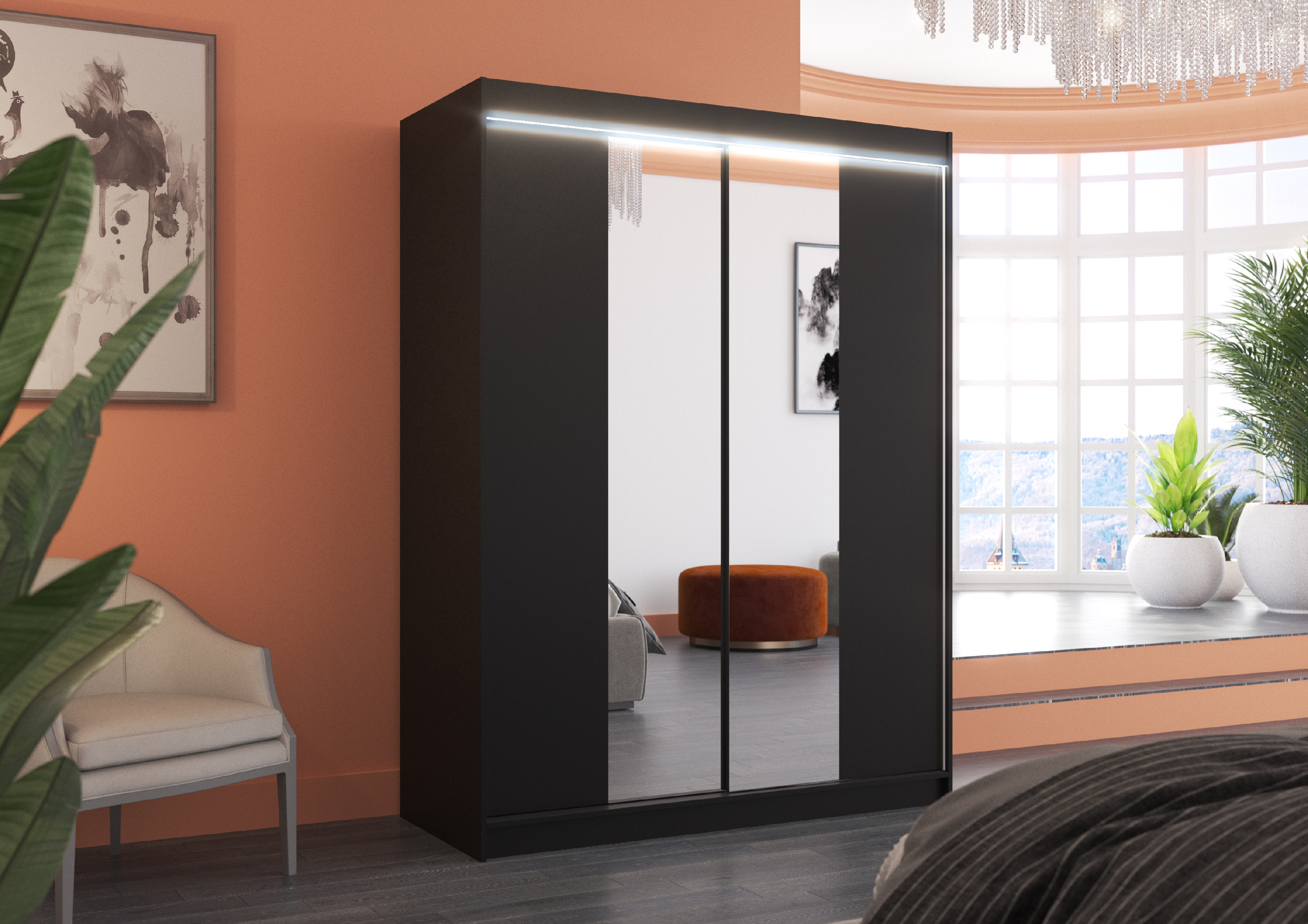ADRK Šatní zrcadlová skříň posuvná s LED osvětlením FEVER B 150 L