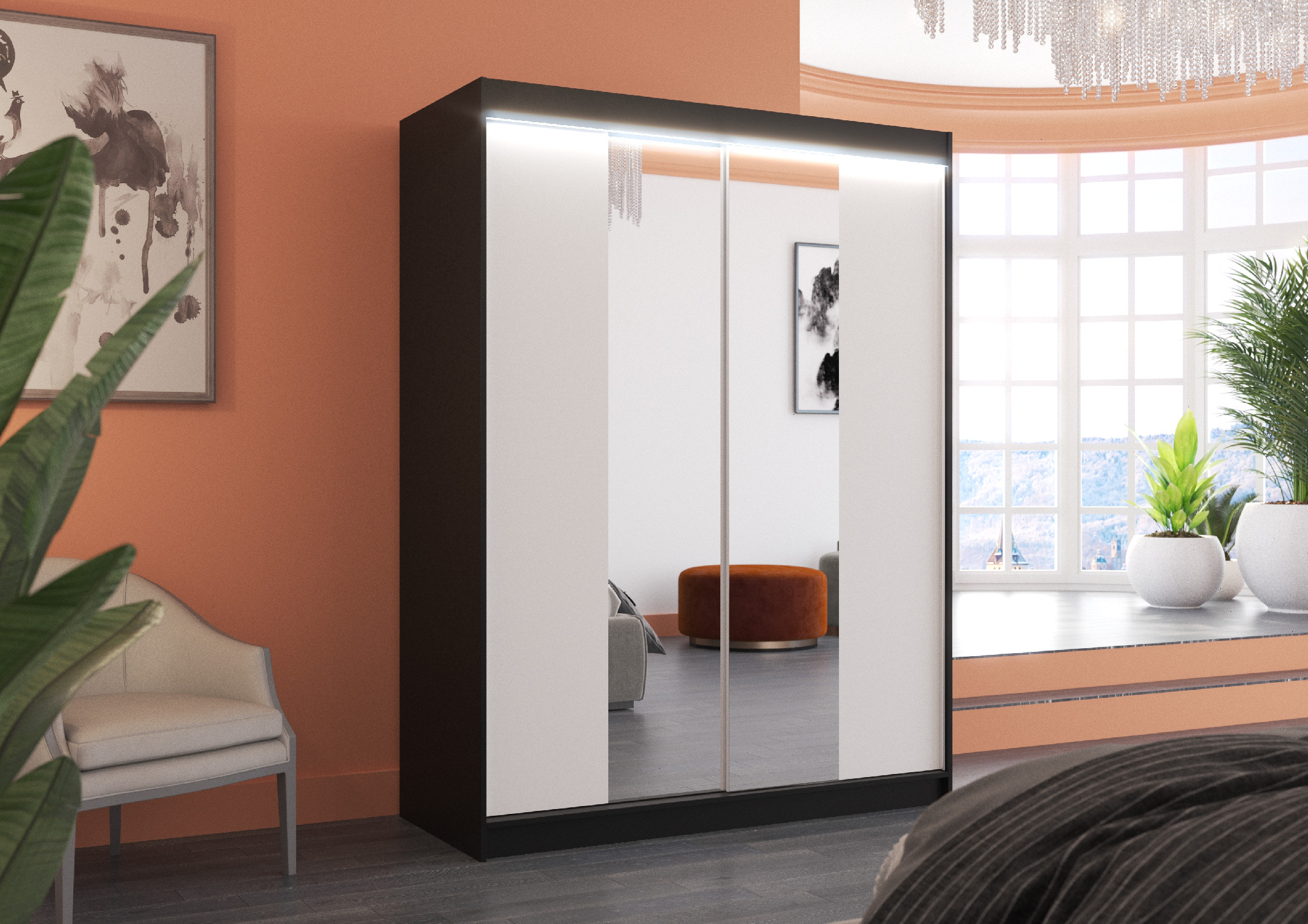 ADRK Šatní zrcadlová skříň posuvná s LED osvětlením FEVER B-W 150 L