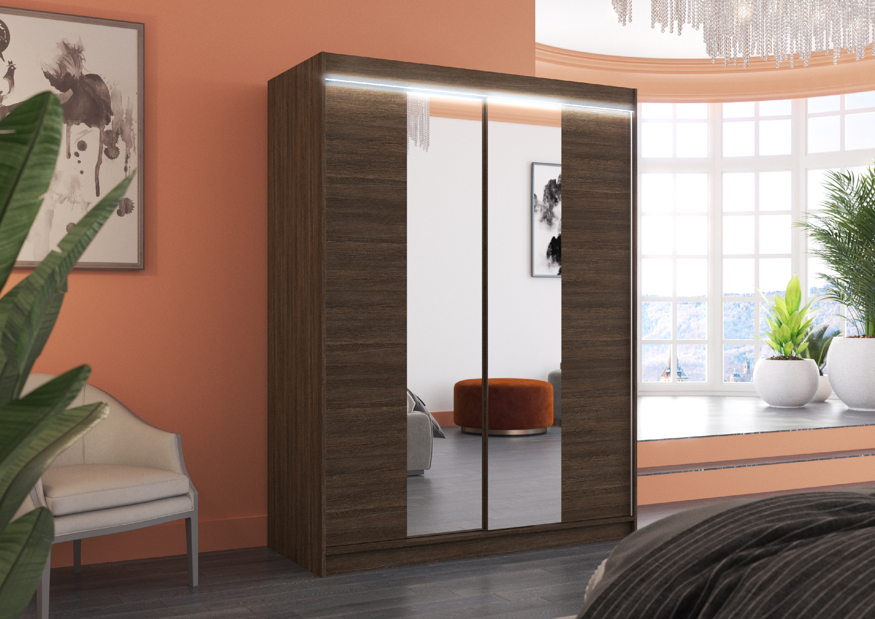 ADRK Šatní zrcadlová skříň posuvná s LED osvětlením FEVER CH 150 L