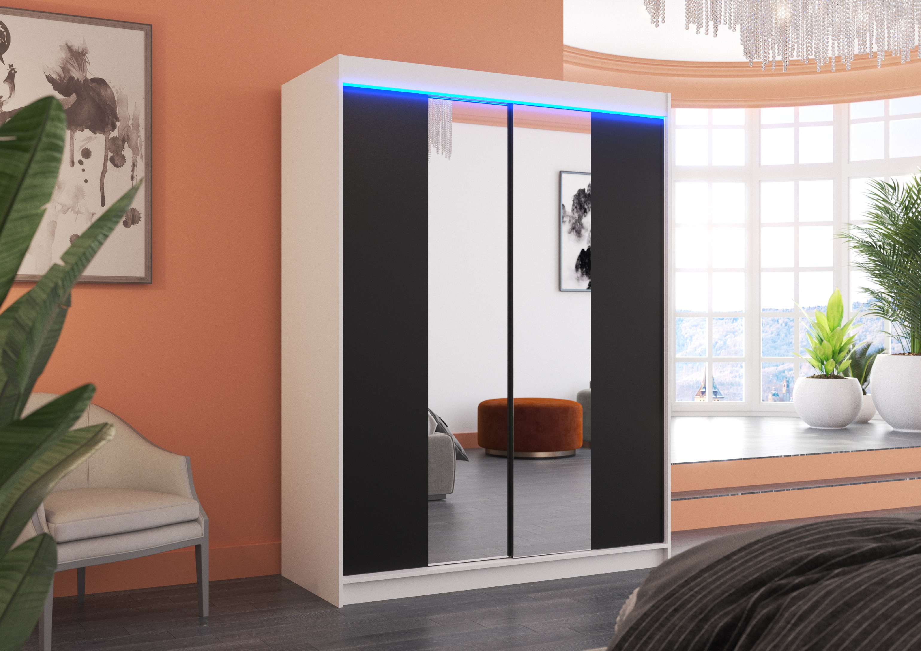 ADRK Šatní zrcadlová skříň posuvná s LED osvětlením FEVER W-B 150 L