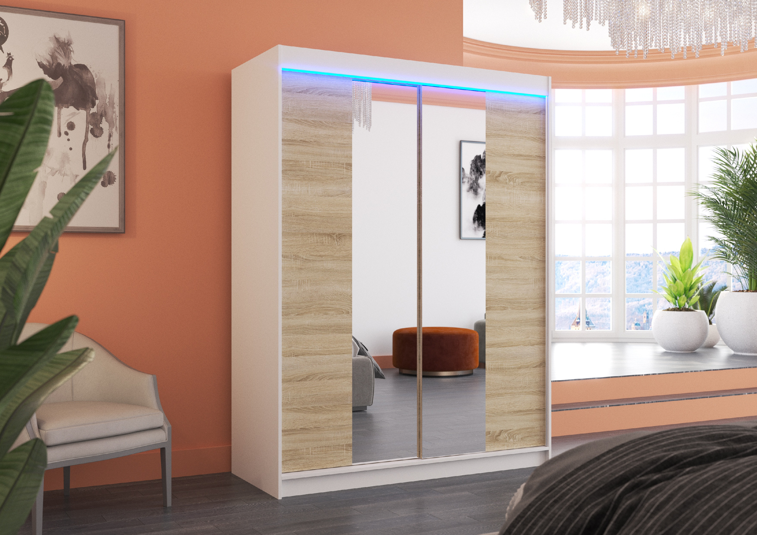 ADRK Šatní zrcadlová skříň posuvná s LED osvětlením FEVER W-S 150 L