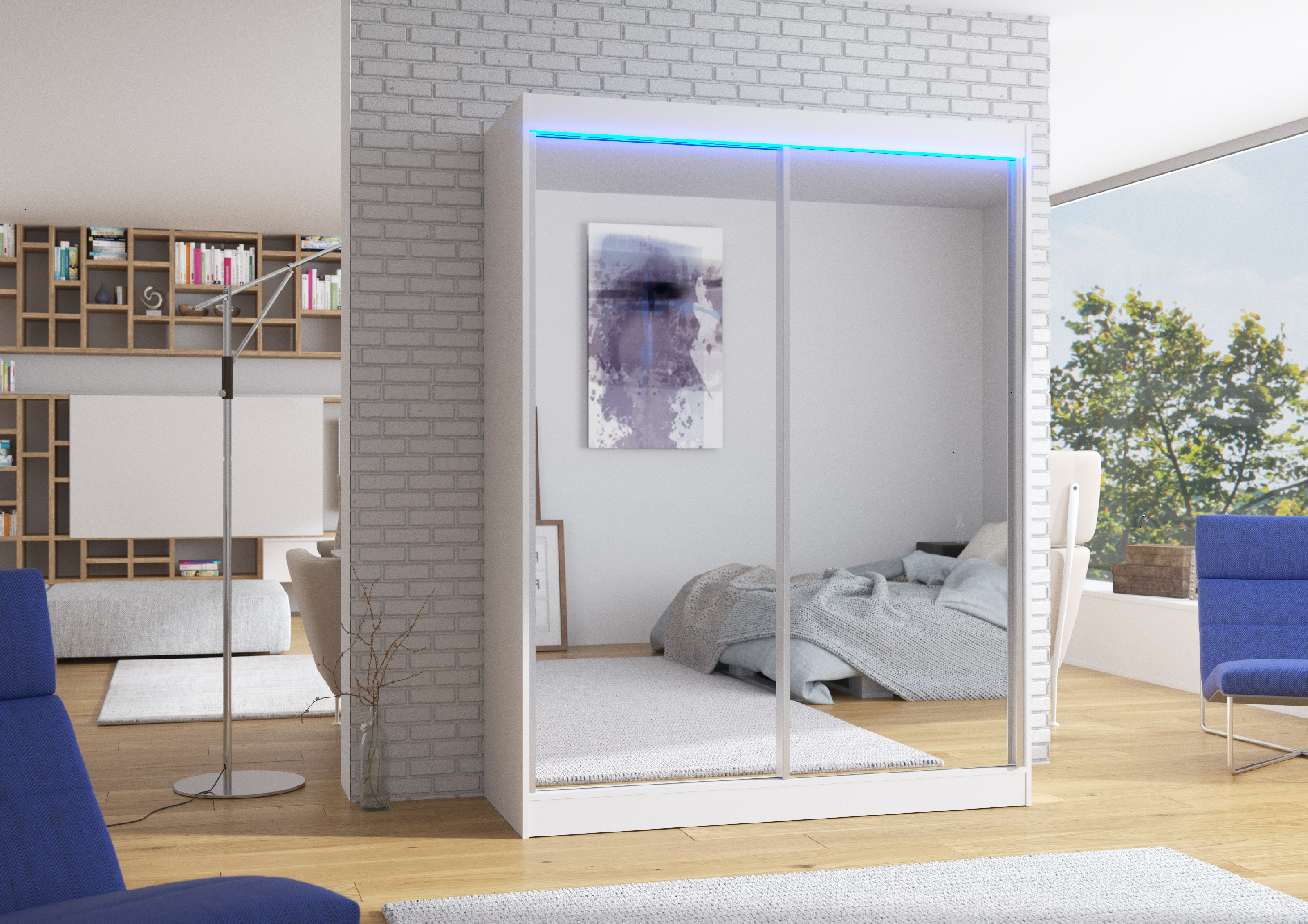 ADRK Šatní zrcadlová skříň posuvná s LED osvětlením FLOREST W 150 L