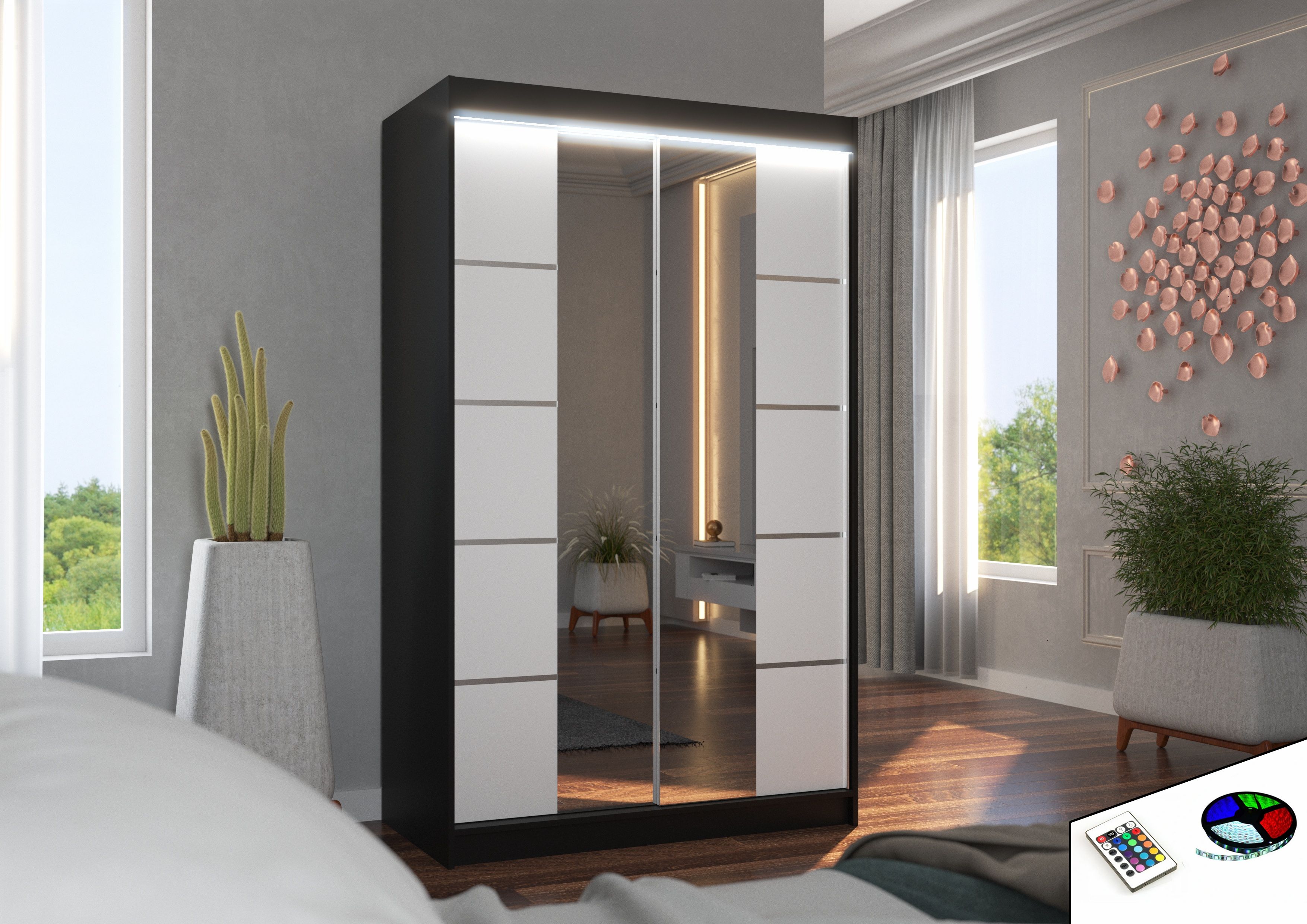 ADRK Šatní zrcadlová skříň posuvná s LED osvětlením GENUA B-W 120 L