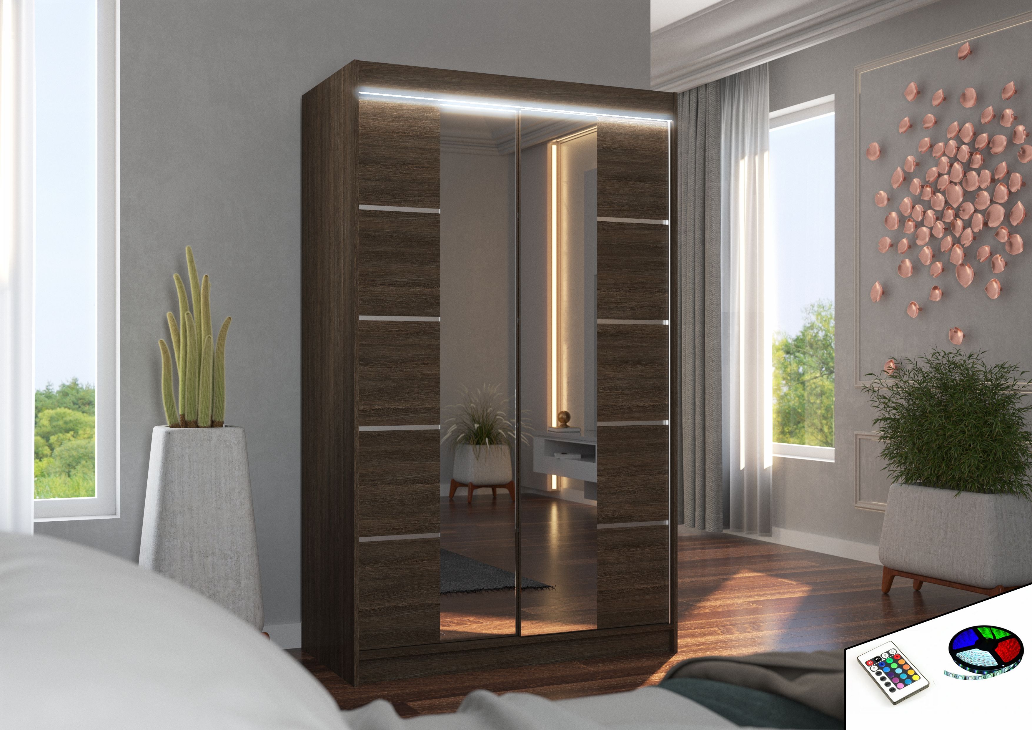 ADRK Šatní zrcadlová skříň posuvná s LED osvětlením GENUA CH 120 L