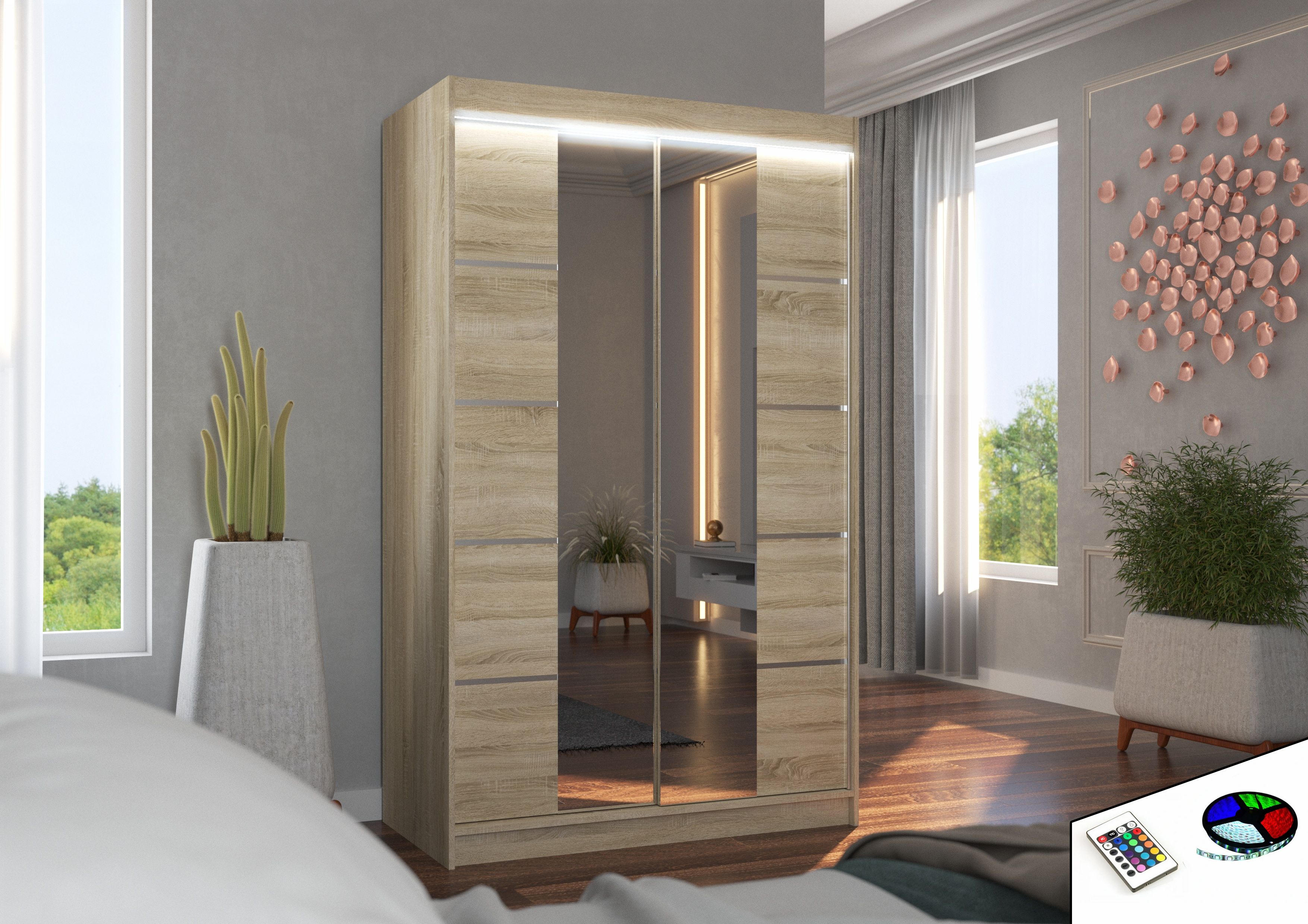 ADRK Šatní zrcadlová skříň posuvná s LED osvětlením GENUA S 120 L