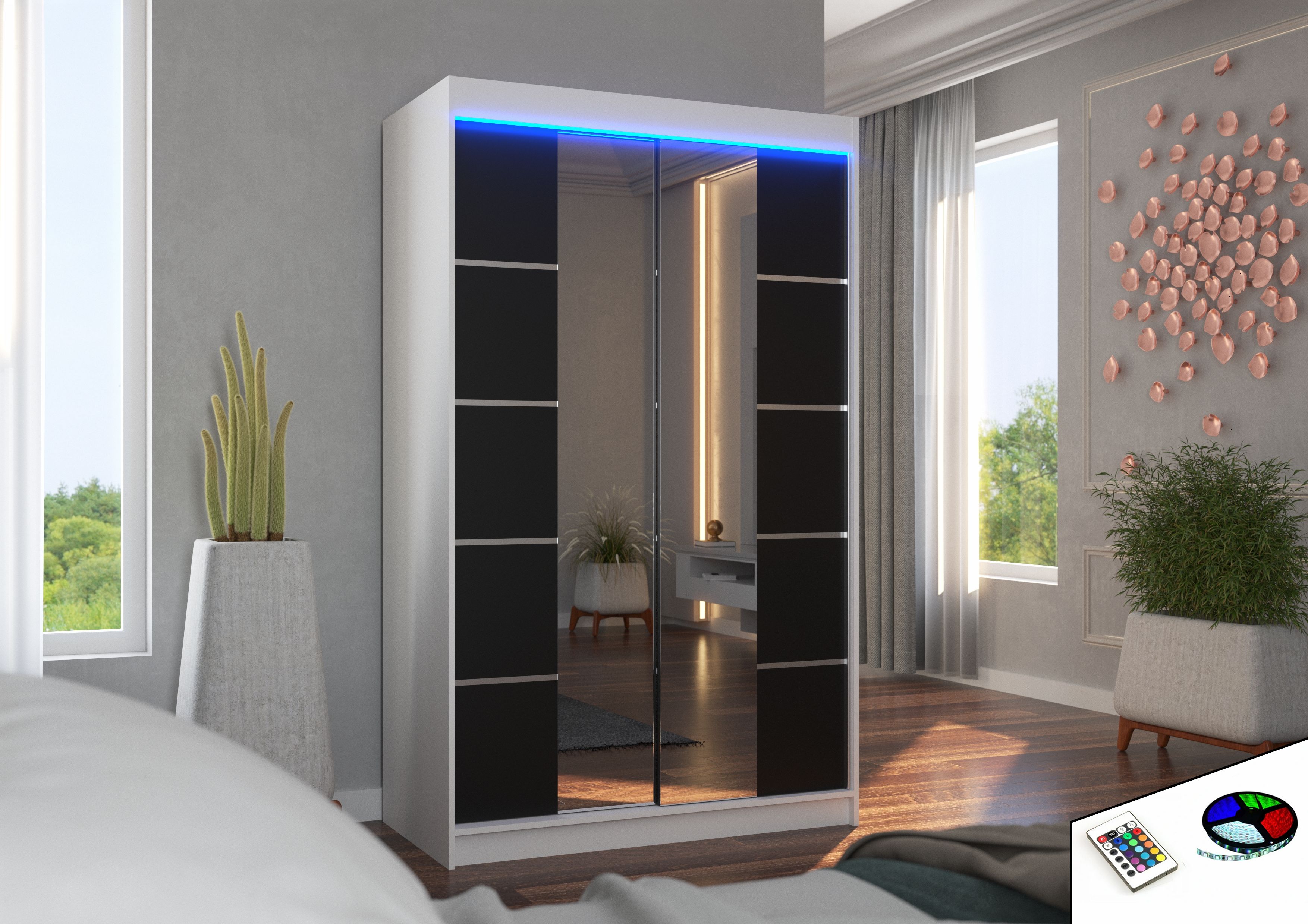 ADRK Šatní zrcadlová skříň posuvná s LED osvětlením GENUA W-B 120 L