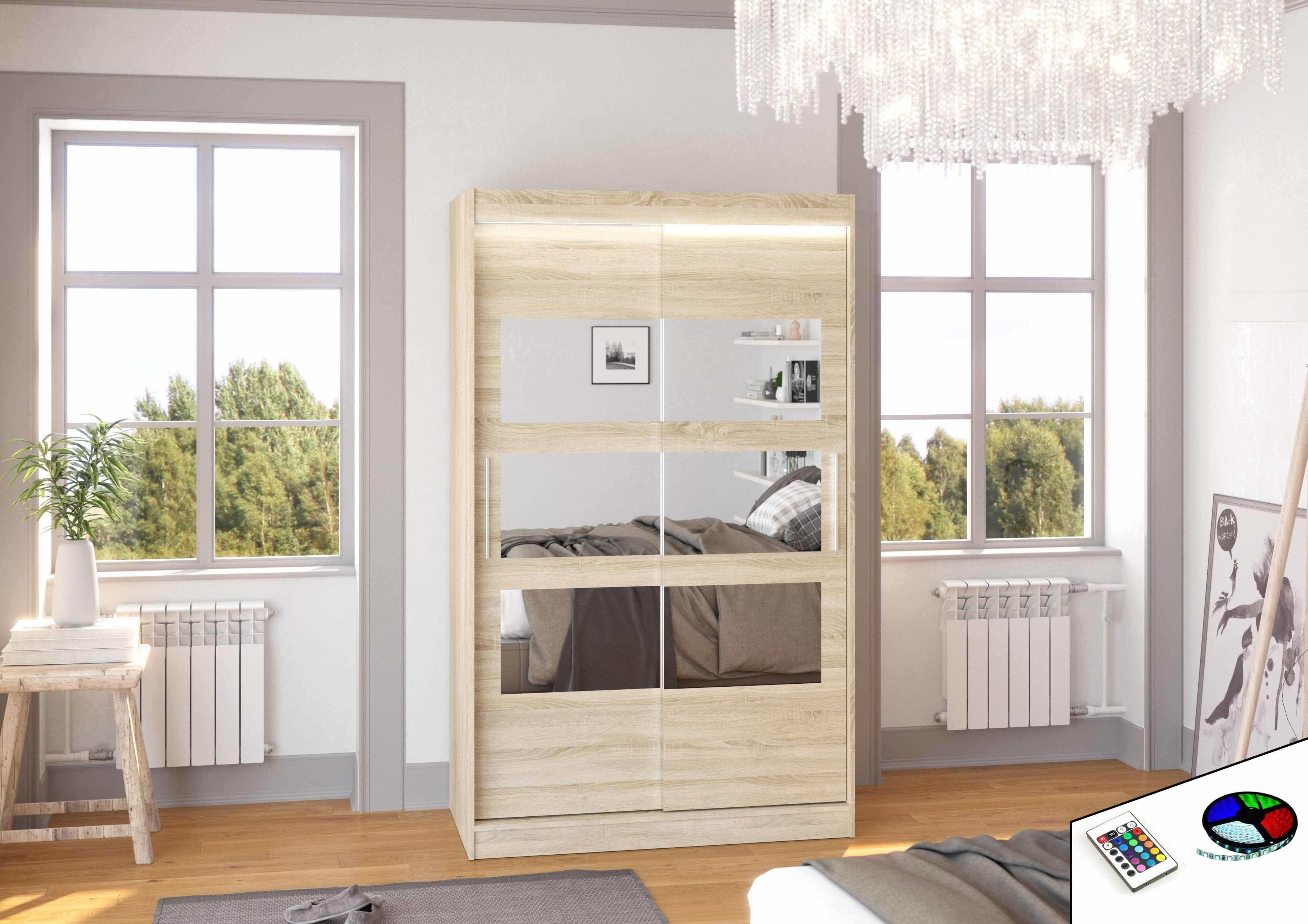 ADRK Šatní zrcadlová skříň posuvná s LED osvětlením KOLORADO S 120 L