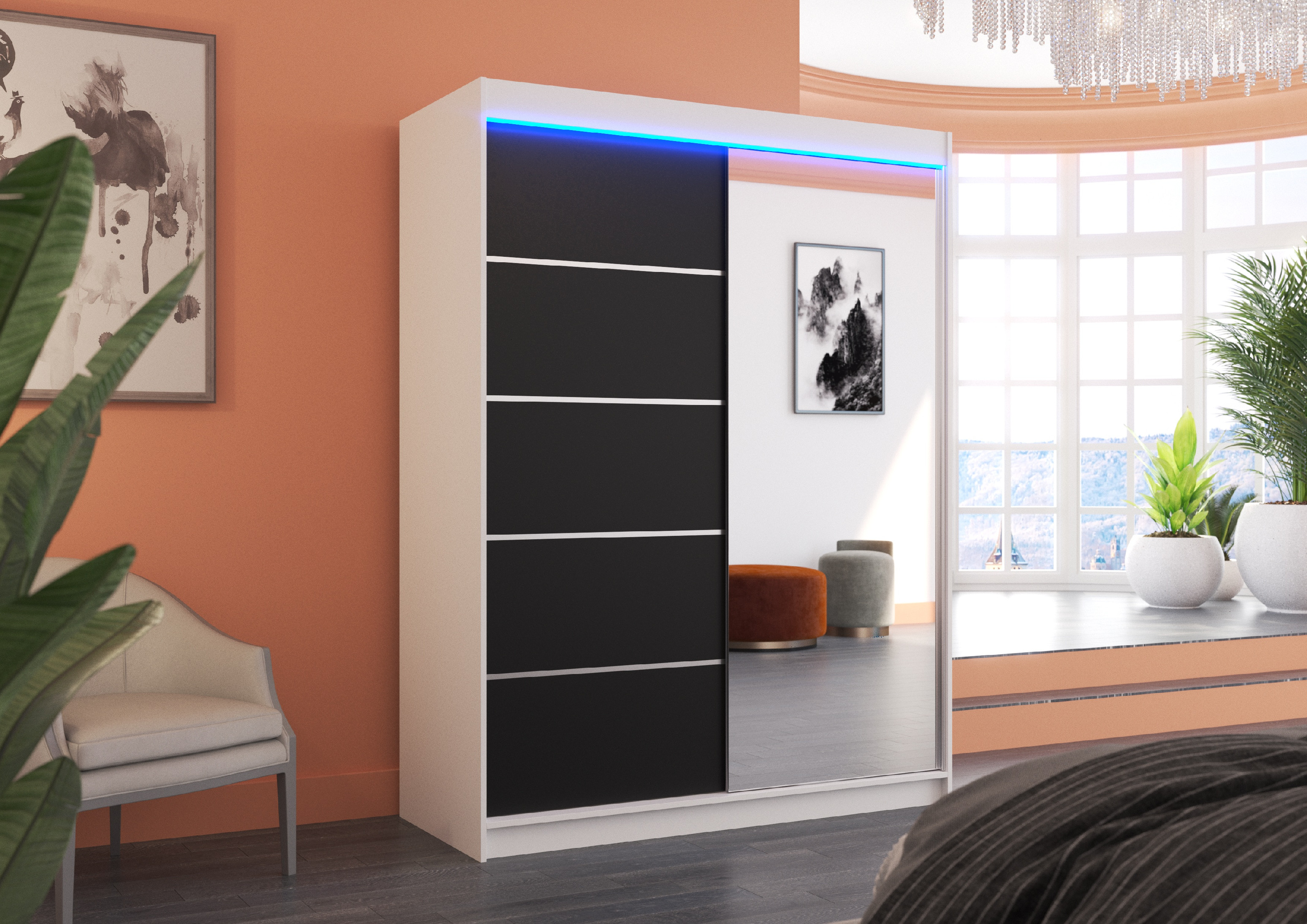 ADRK Šatní zrcadlová skříň posuvná s LED osvětlením LIMBO W-B 150 L